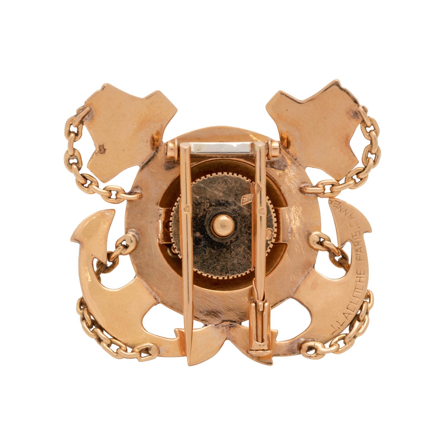 LACLOCHE, YELLOW GOLD AND ENAMEL BROOCH