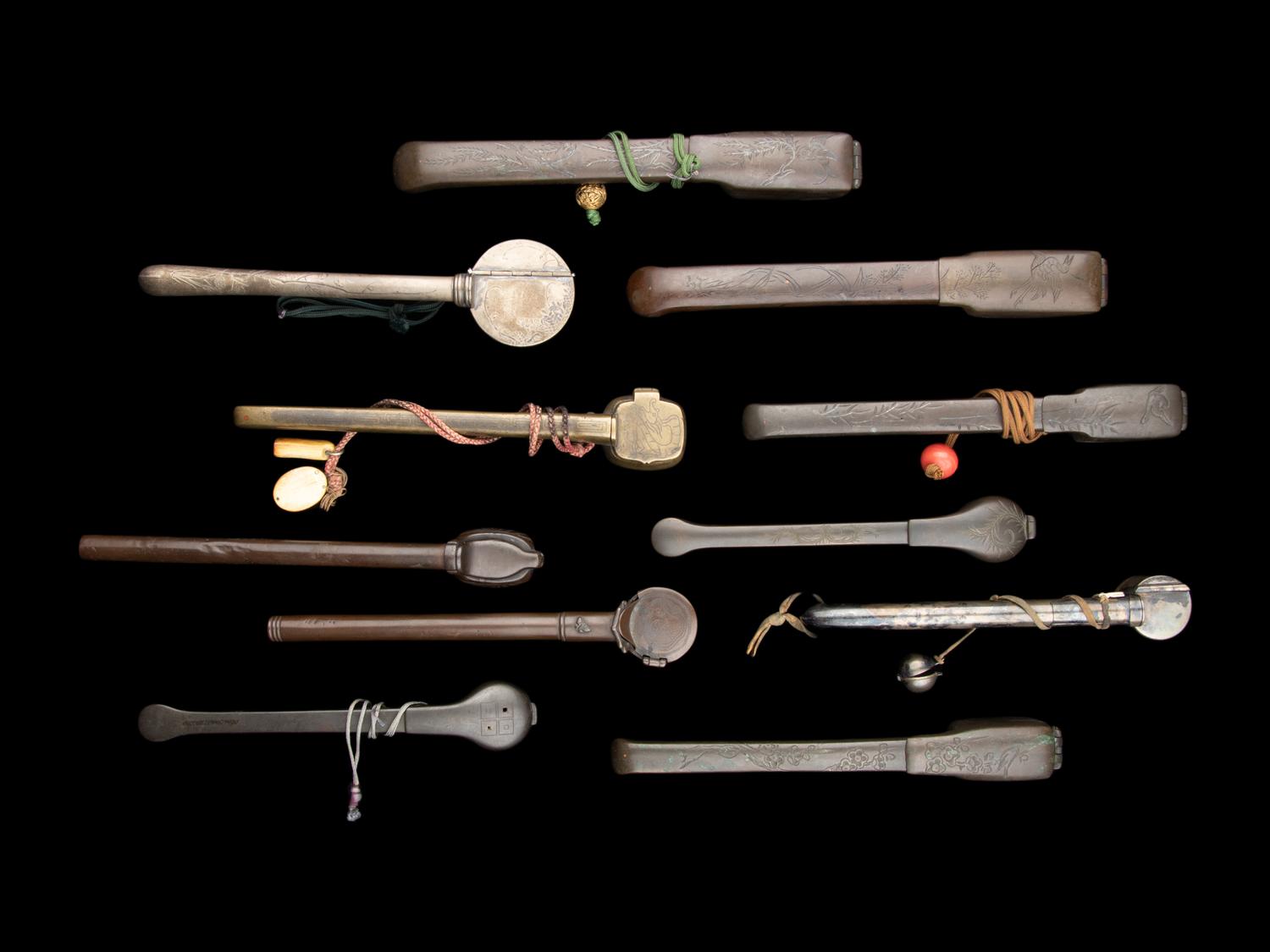 11 Japanese Incised Metal Portable Writing Sets, Yatate
