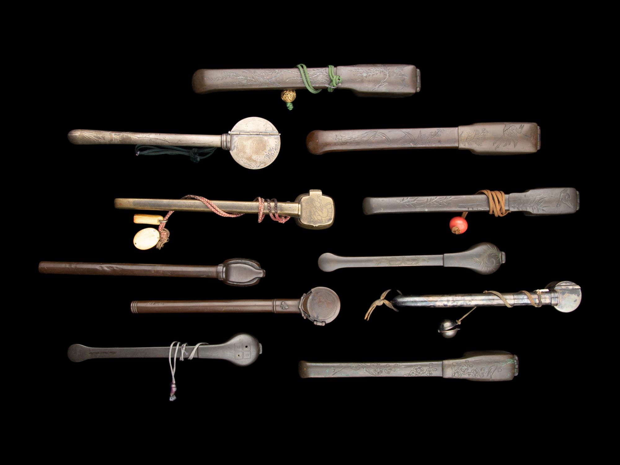 11 Japanese Incised Metal Portable Writing Sets, Yatate