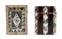 Two Mother-of-Pearl and Abalone Veneered Card Cases, Height of first 4 1/4 inches.
