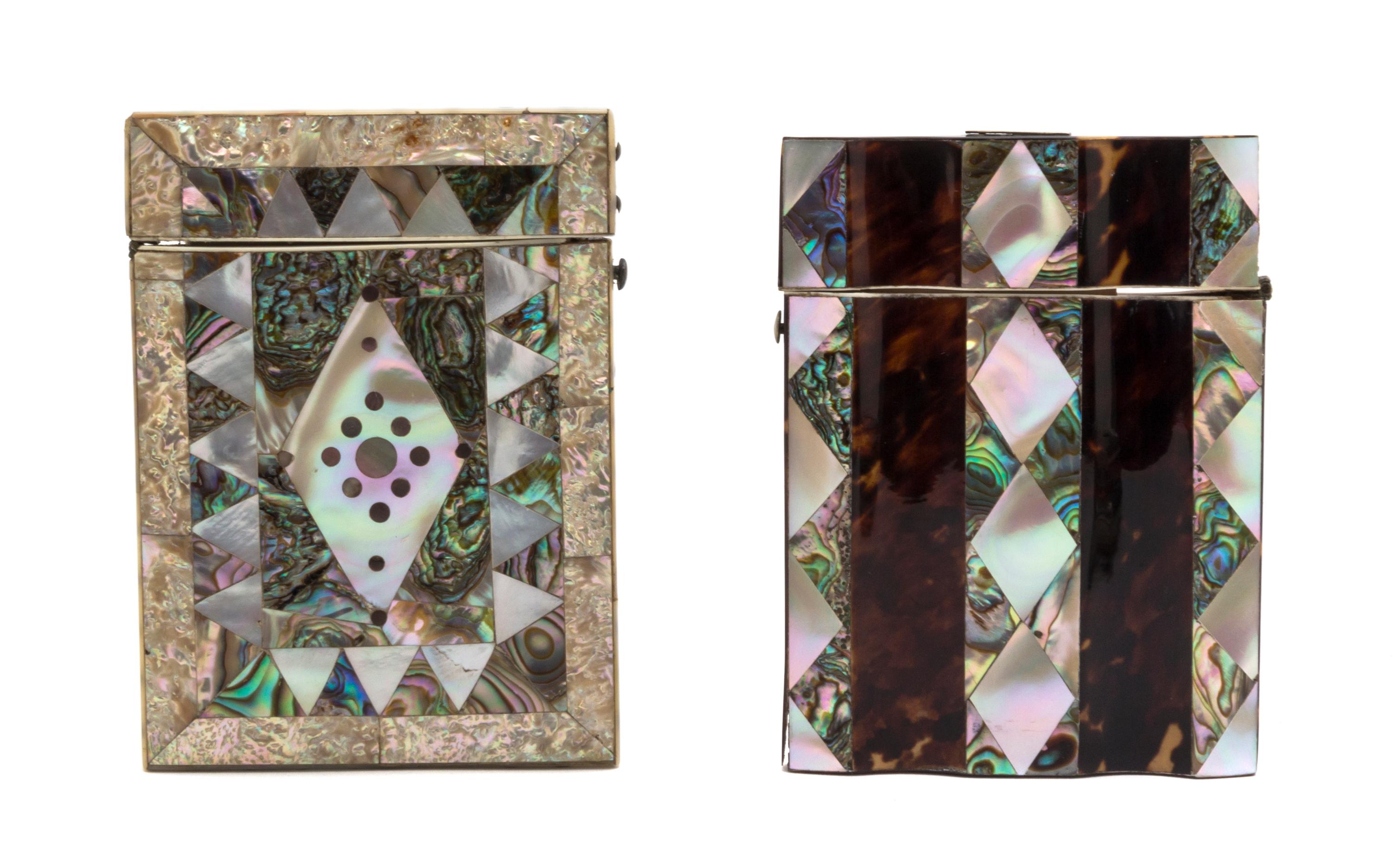 Two Mother-of-Pearl and Abalone Veneered Card Cases, Height of first 4 1/4 inches.
