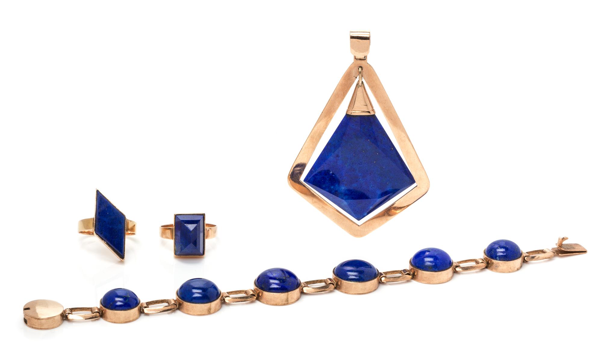 A Collection of Rose Gold and Lapis Lazuli Jewelry, 37.40 dwts.