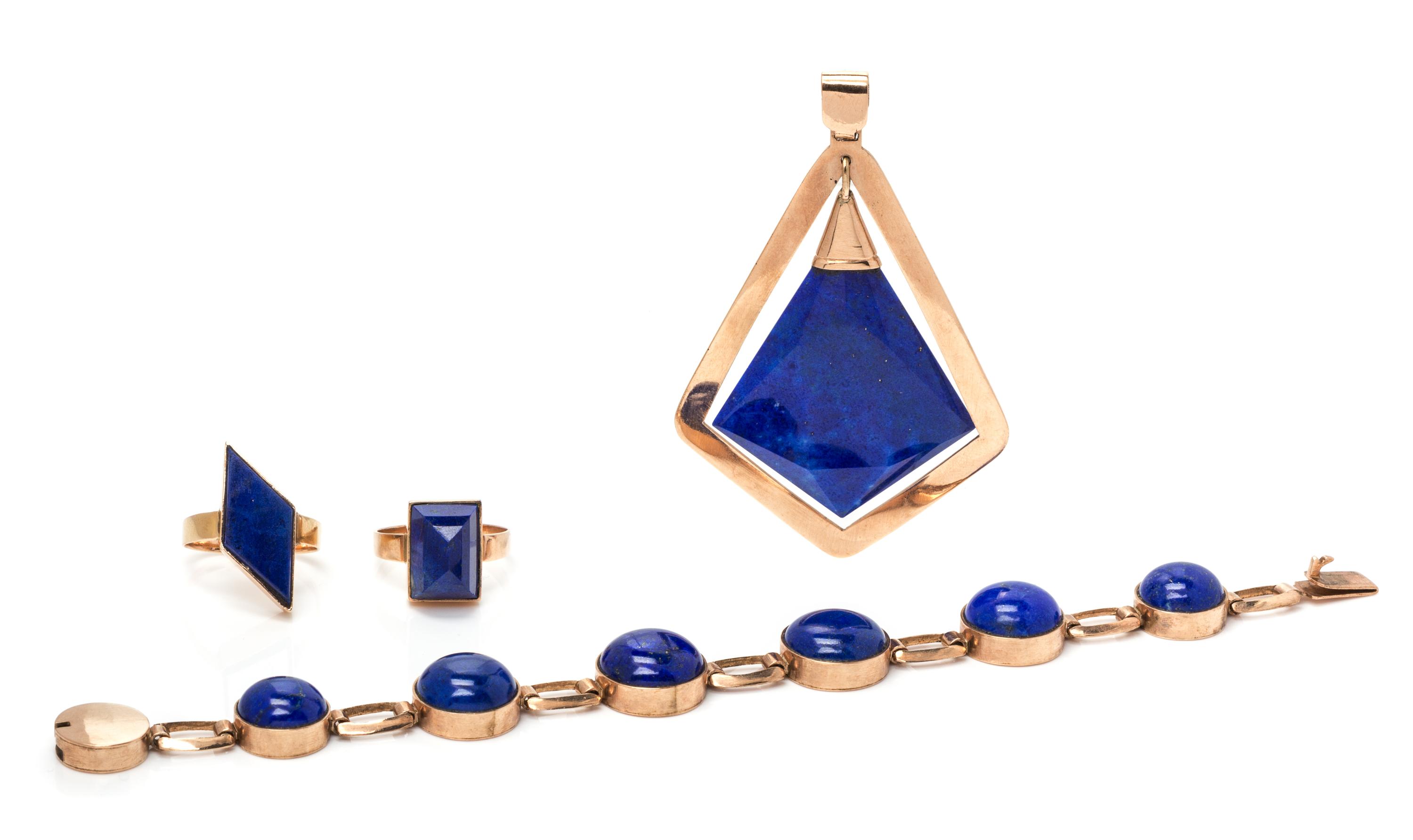 A Collection of Rose Gold and Lapis Lazuli Jewelry, 37.40 dwts.