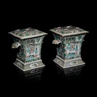 A Pair of Chinese Enameled Porcelain Bough Pots, Second Half 19th Century 清晚期 粉彩開光人物圖花插一對