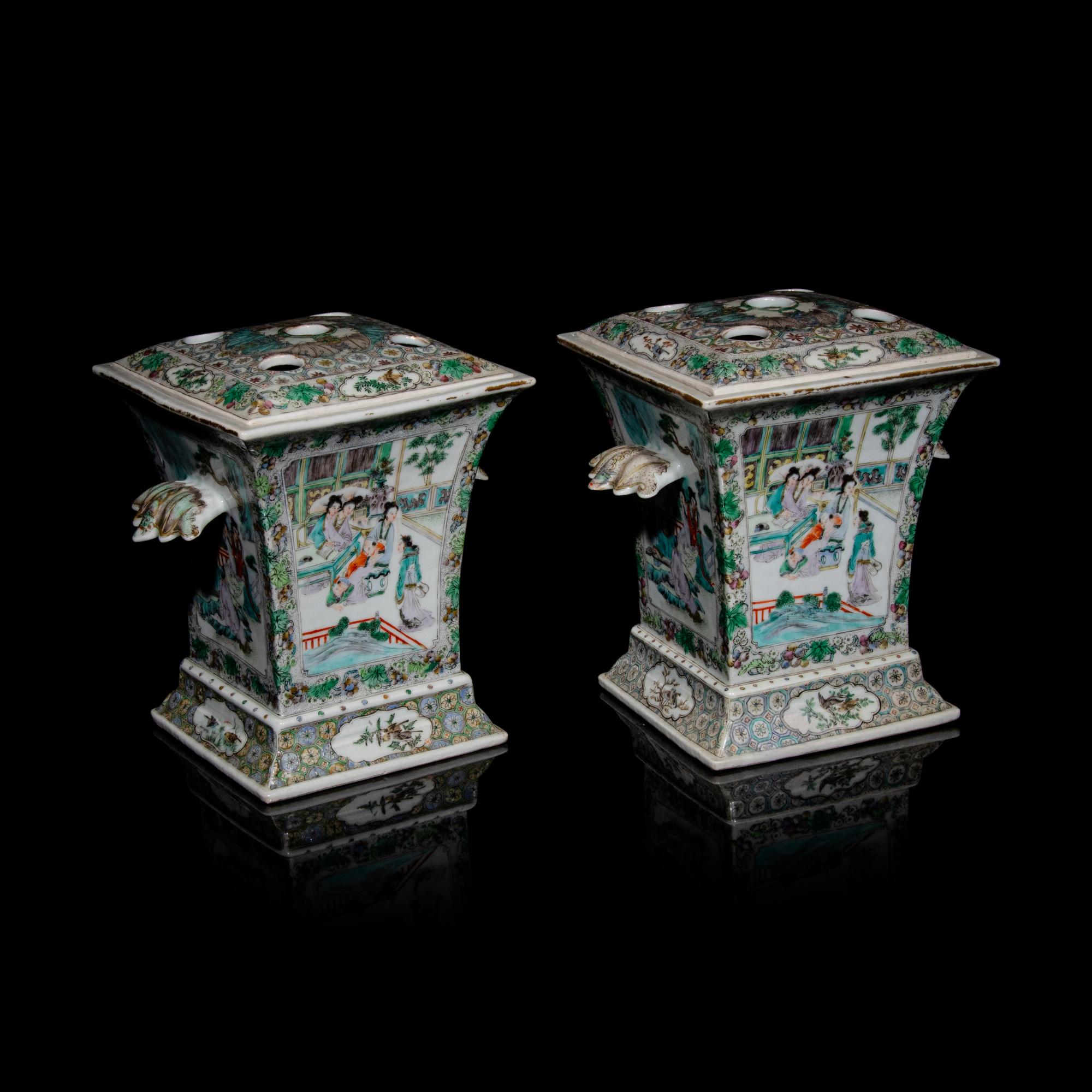 A Pair of Chinese Enameled Porcelain Bough Pots, Second Half 19th Century 清晚期 粉彩開光人物圖花插一對