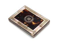 A Mother-of-Pearl and Silver Inlaid Tortoise Shell Veneered Card Case Width 4 1/8 inches. — 19TH CENTURY