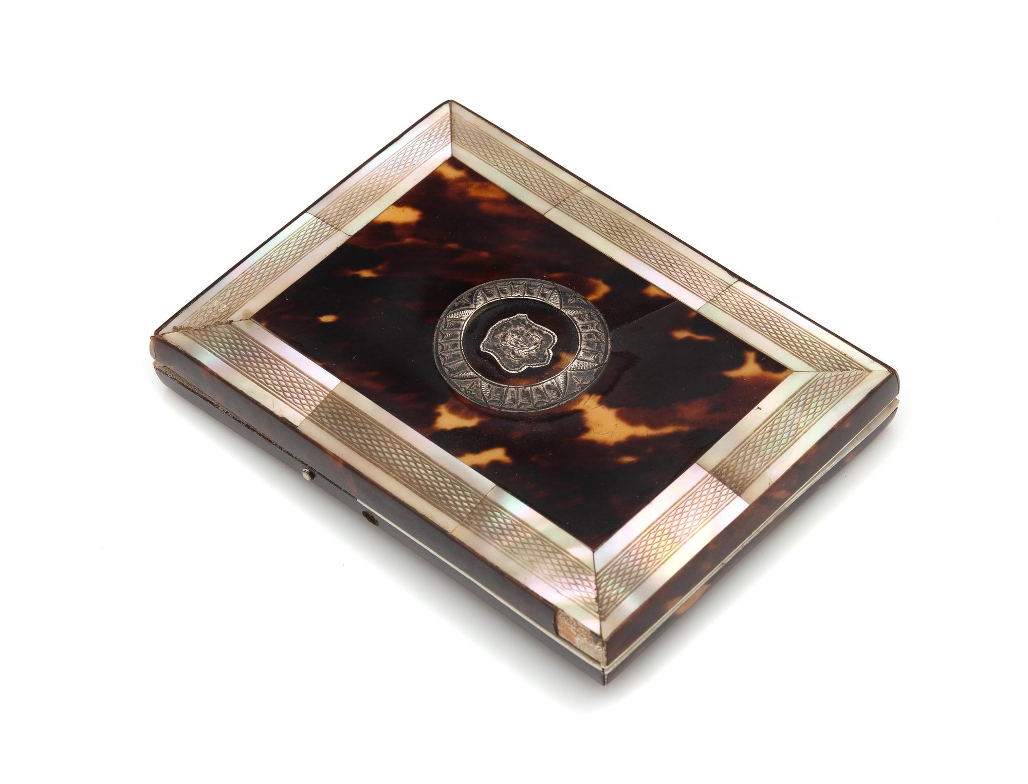 A Mother-of-Pearl and Silver Inlaid Tortoise Shell Veneered Card Case Width 4 1/8 inches. — 19TH CENTURY
