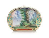 A Russian Silver-Gilt and Enameled Snuff Box, Mark of Pavel Ovchinnikov with Imperial Warrant, Moscow, 1875, the lid with a painted por