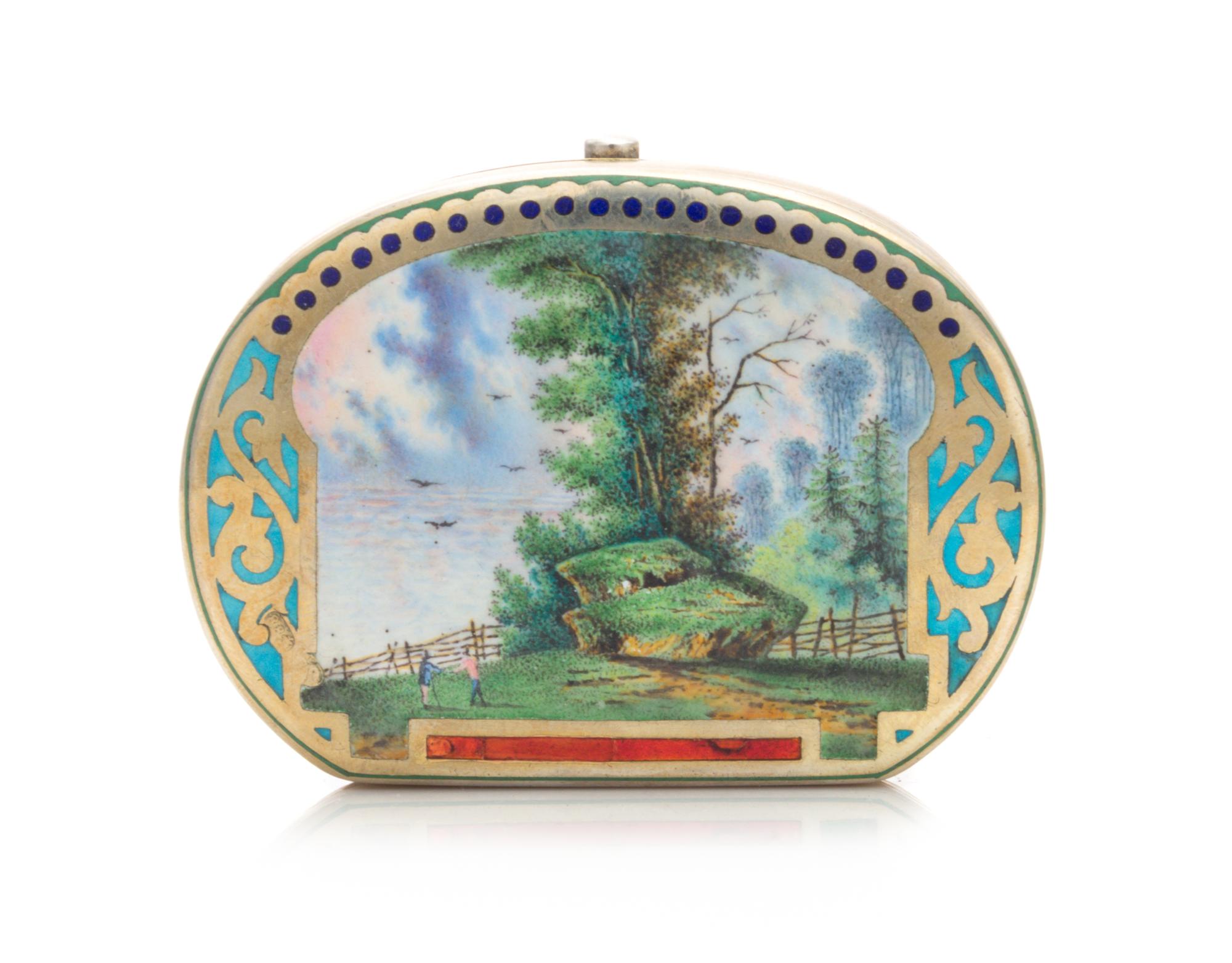 A Russian Silver-Gilt and Enameled Snuff Box, Mark of Pavel Ovchinnikov with Imperial Warrant, Moscow, 1875, the lid with a painted por