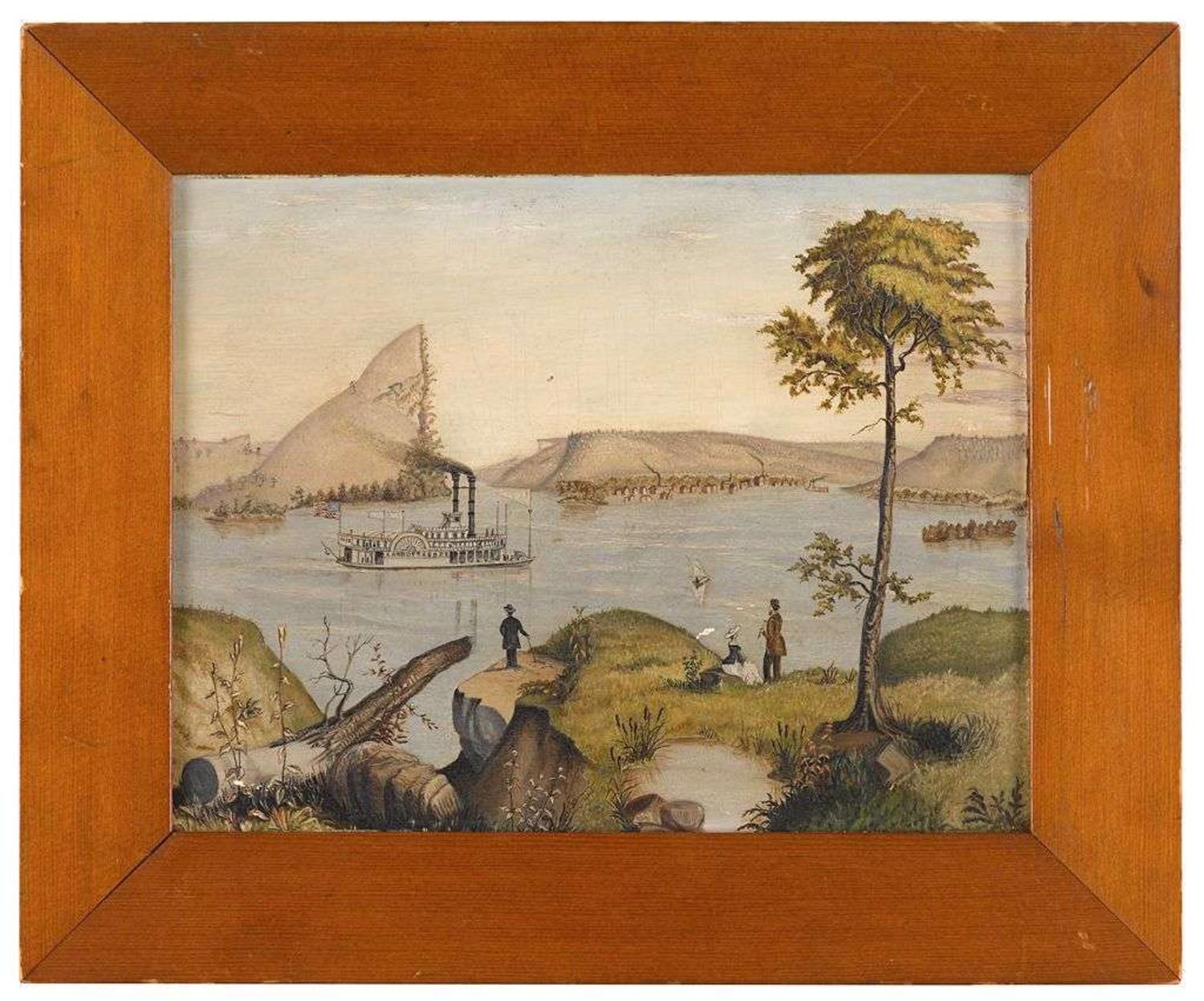 American School 19th century hudson river view with sidewheeler "kandotta"