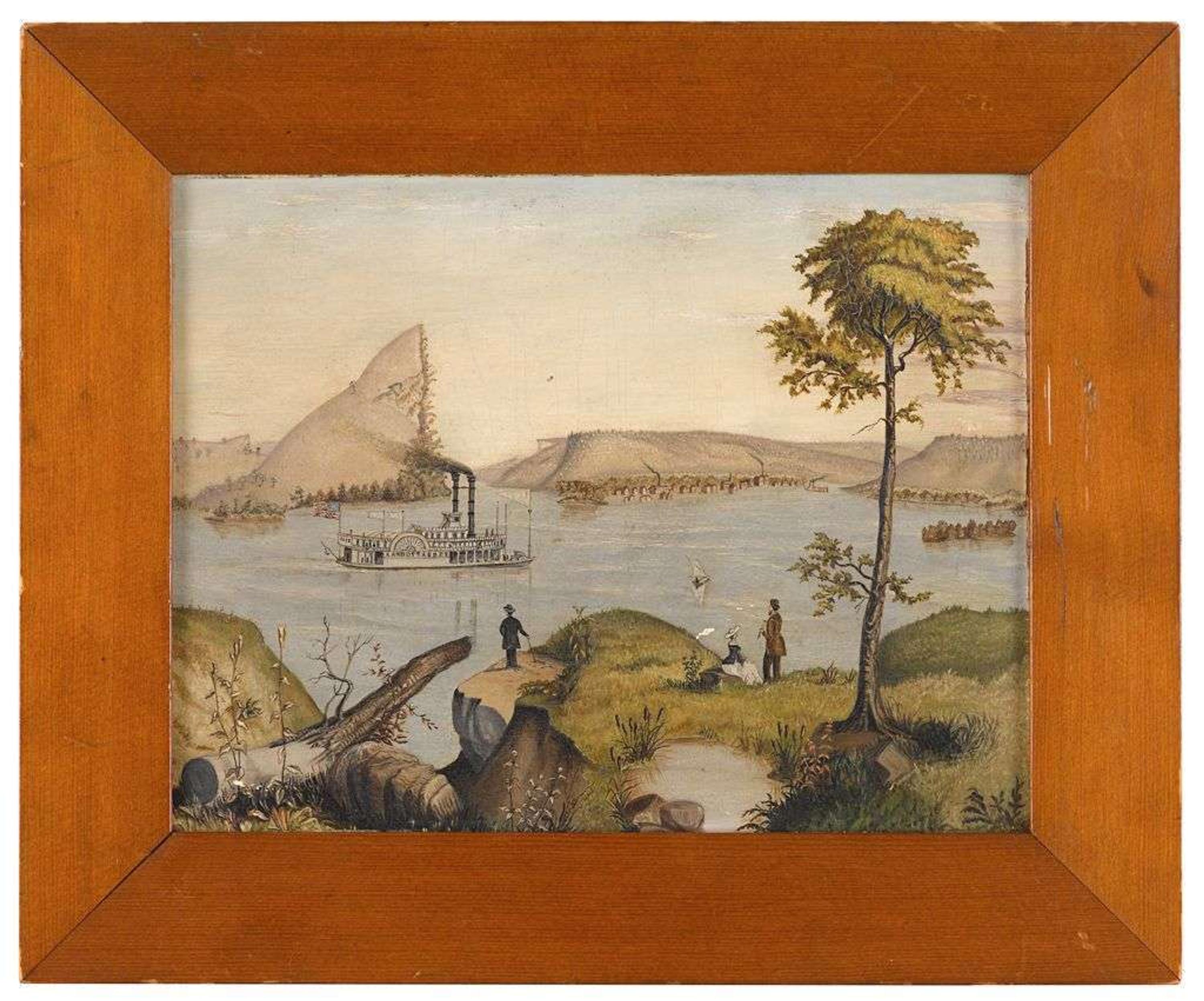 American School 19th century hudson river view with sidewheeler "kandotta"