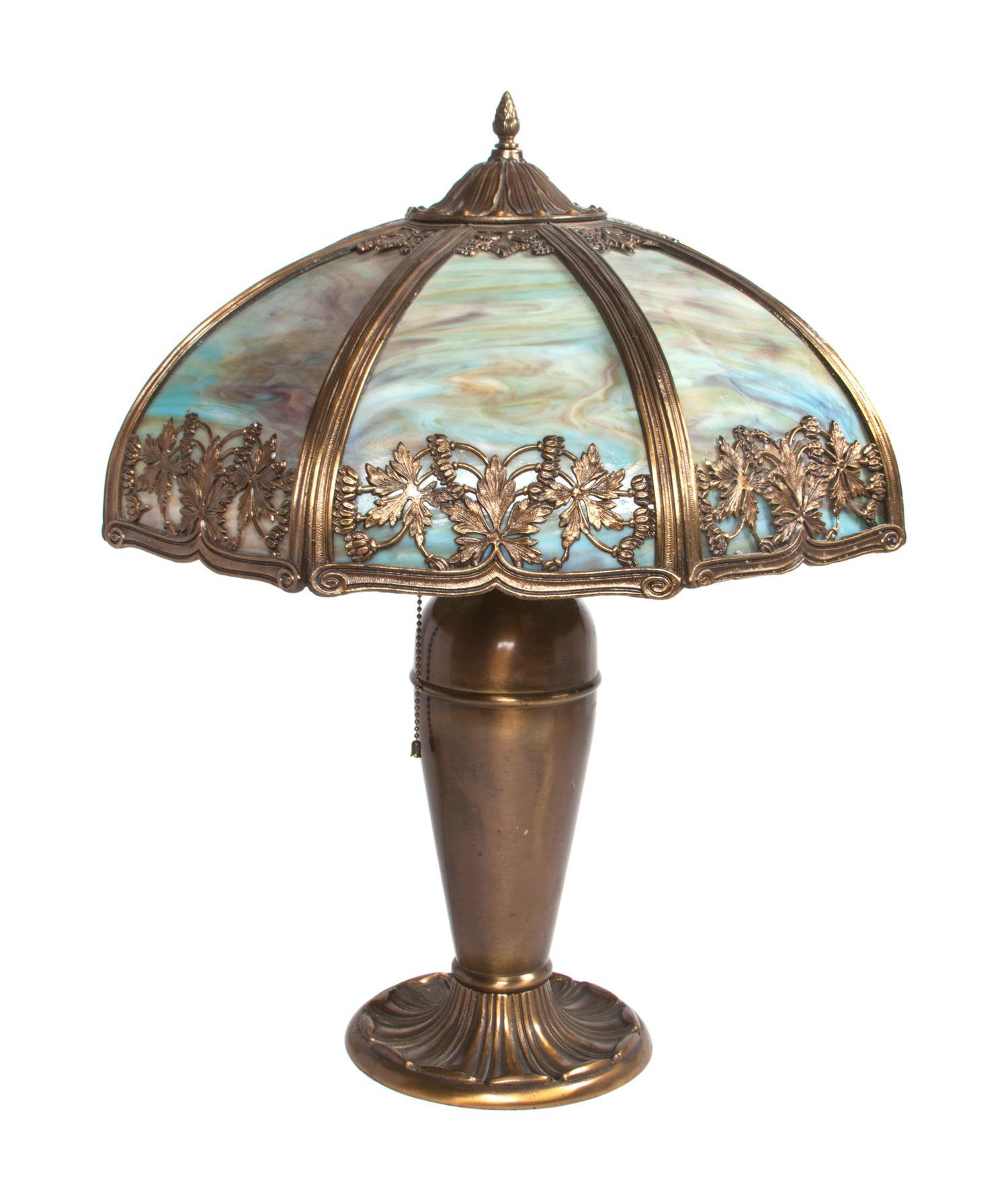 An American Slag Glass Table Lamp Diameter of shade 19 x height overall 24 inches. — EARLY 20TH CENTURY
