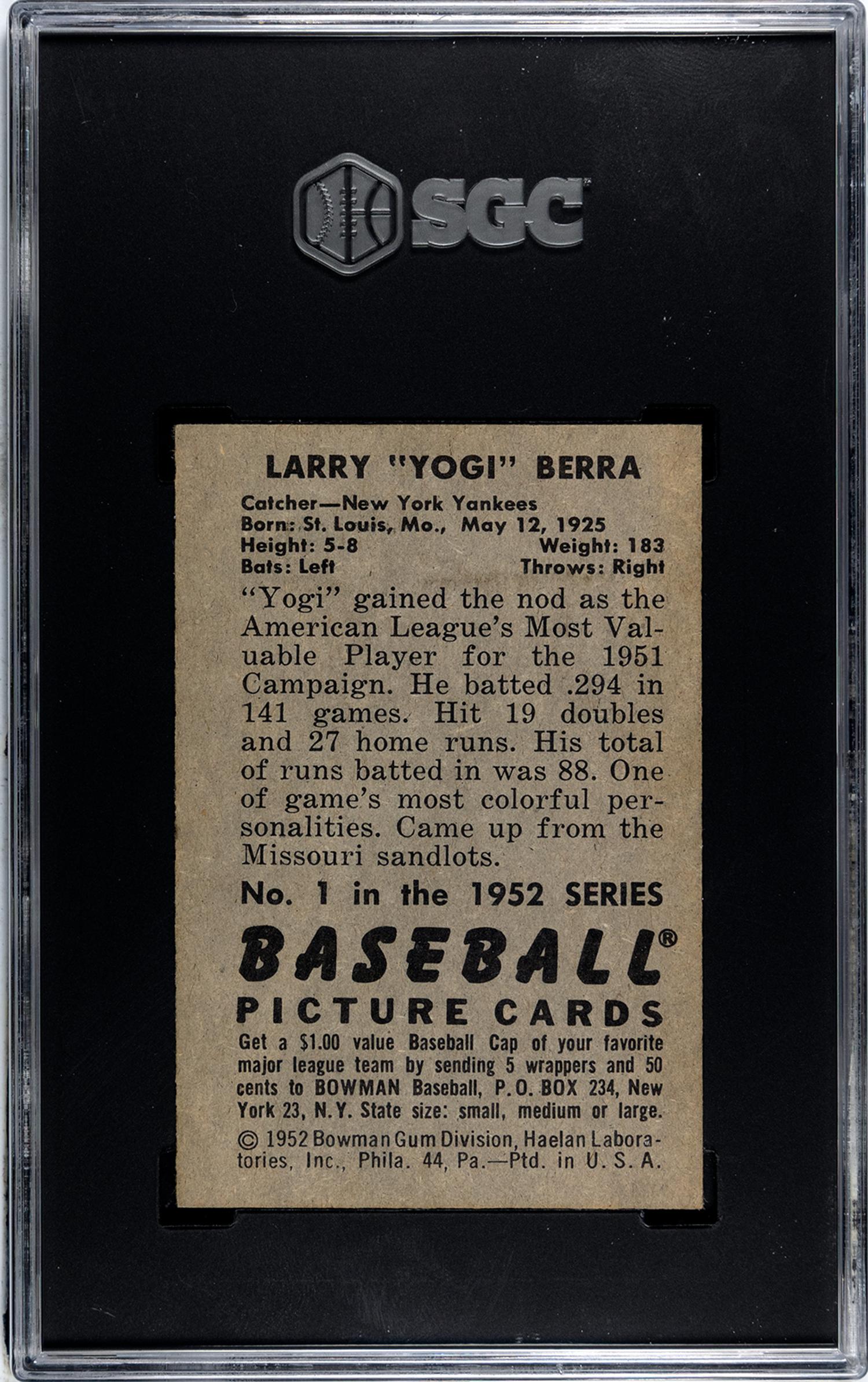 A 1952 Bowman Yogi Berra Baseball Card No. 1 (SGC 5 EX)