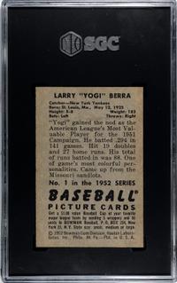 A 1952 Bowman Yogi Berra Baseball Card No. 1 (SGC 5 EX)