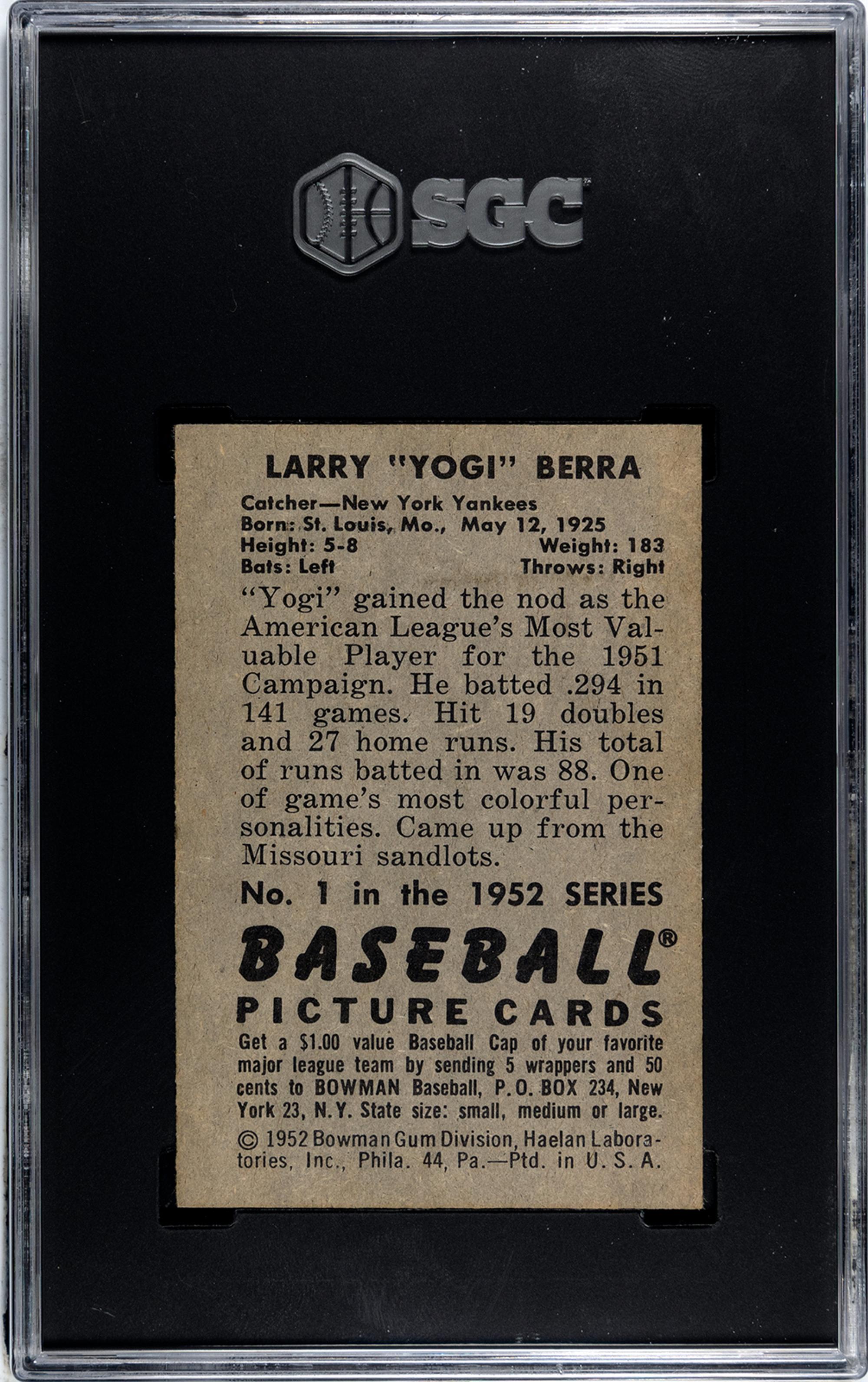 A 1952 Bowman Yogi Berra Baseball Card No. 1 (SGC 5 EX)