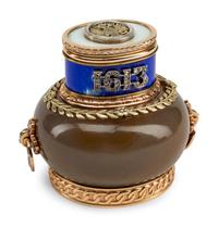 A Guilloché Enamel, Diamond and Vari-Color Gold Mounted Agate Scent Bottle