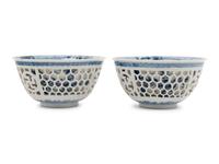 A Pair of Chinese Blue and White Porcelain Double Walled Reticulated Bowls