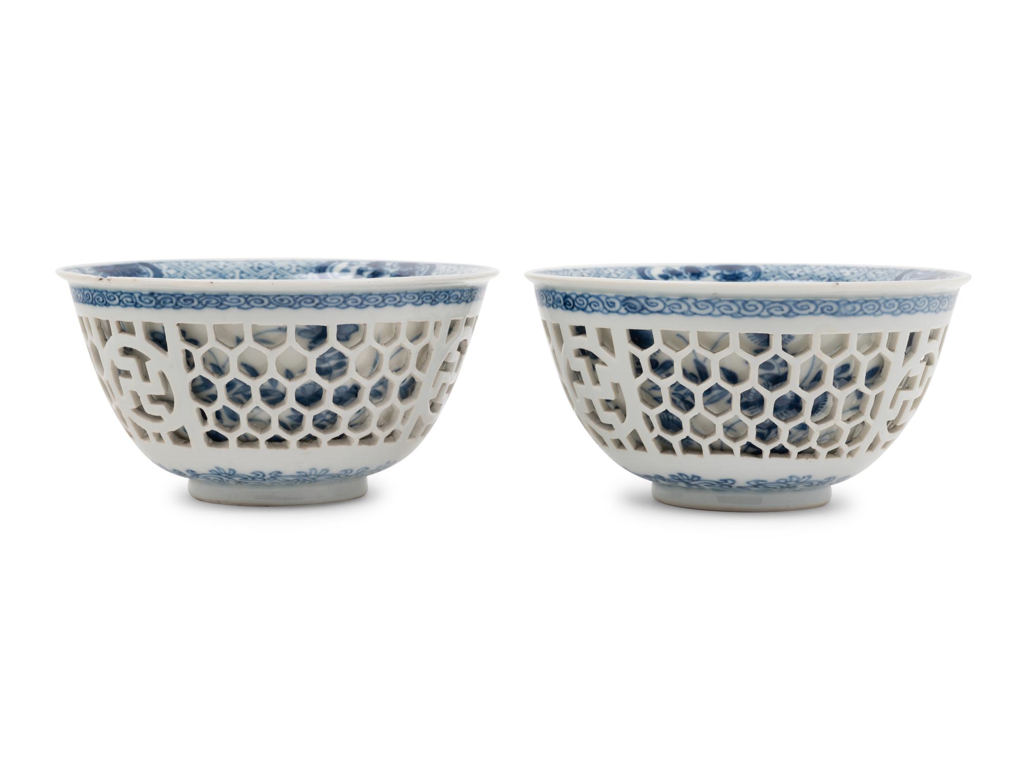 A Pair of Chinese Blue and White Porcelain Double Walled Reticulated Bowls