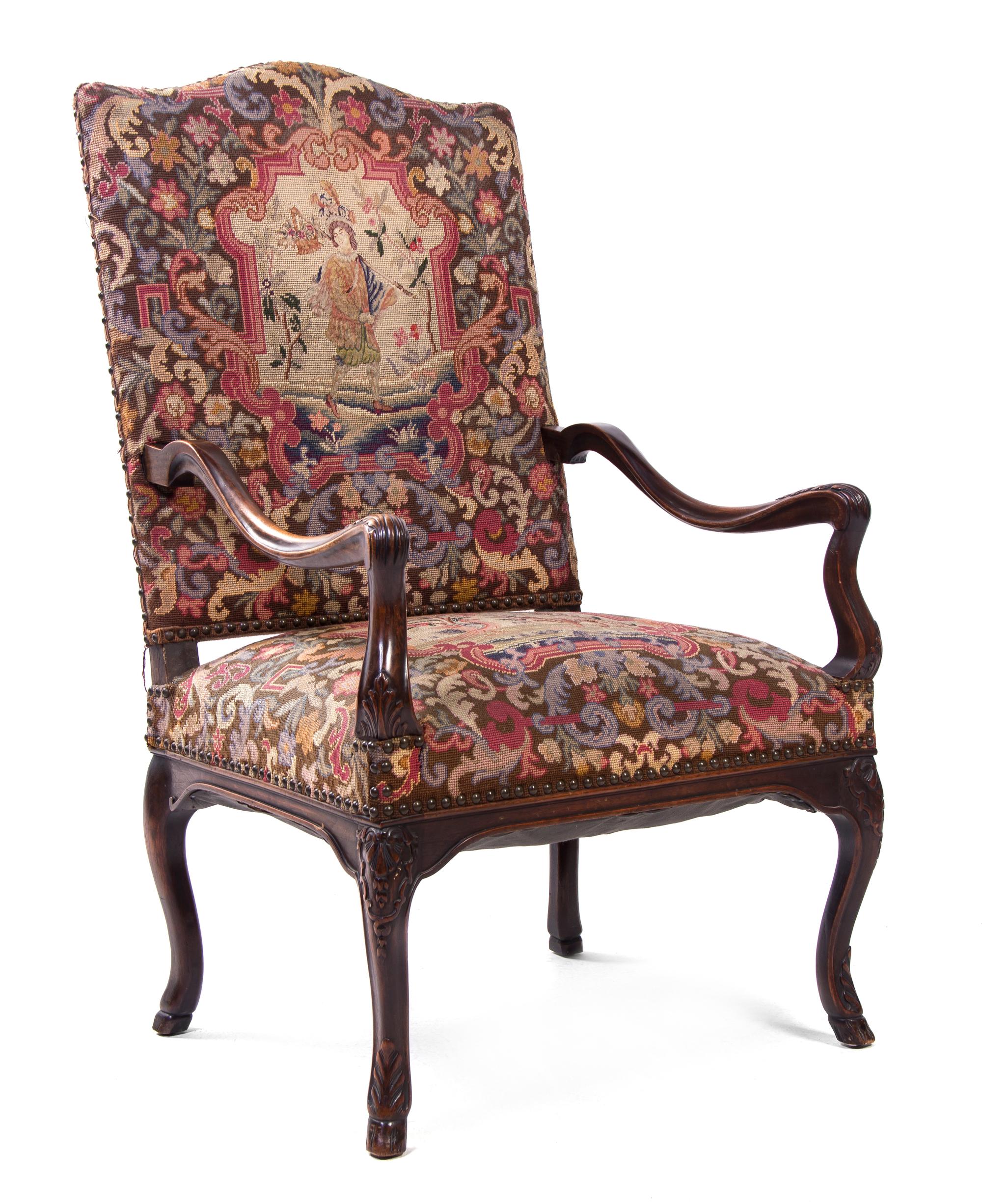 A Henry II Style Mahogany Open Armchair, Height 45 1/2 inches.