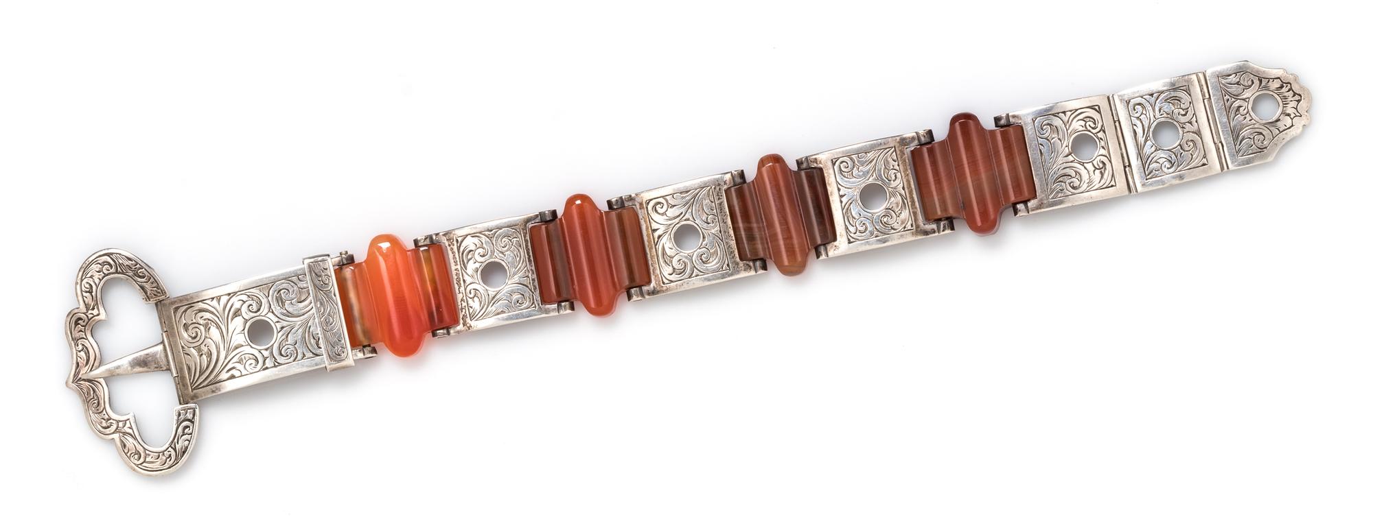 An Antique Silver and Carnelian Buckle Motif Bracelet, 20.30 dwts.