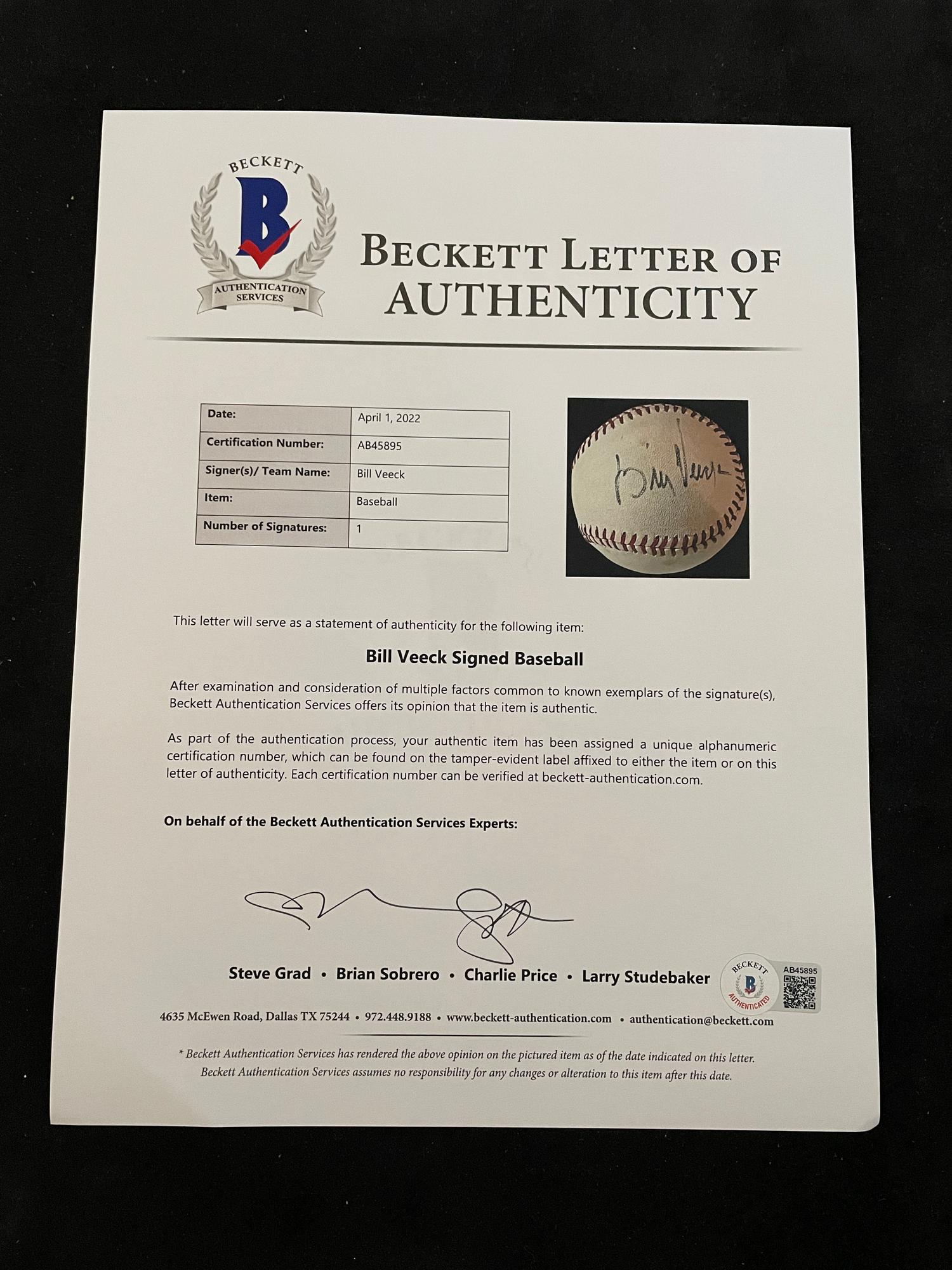 A Group of Harry Caray and Bill Veeck Signed Autograph Baseballs (Beckett Authentication Services Letters BAS Certified),