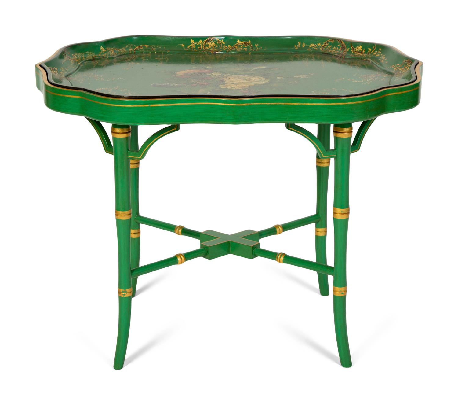A Regency Green and Gilt Lacquer Papier Mache Tray Table — 19TH CENTURY