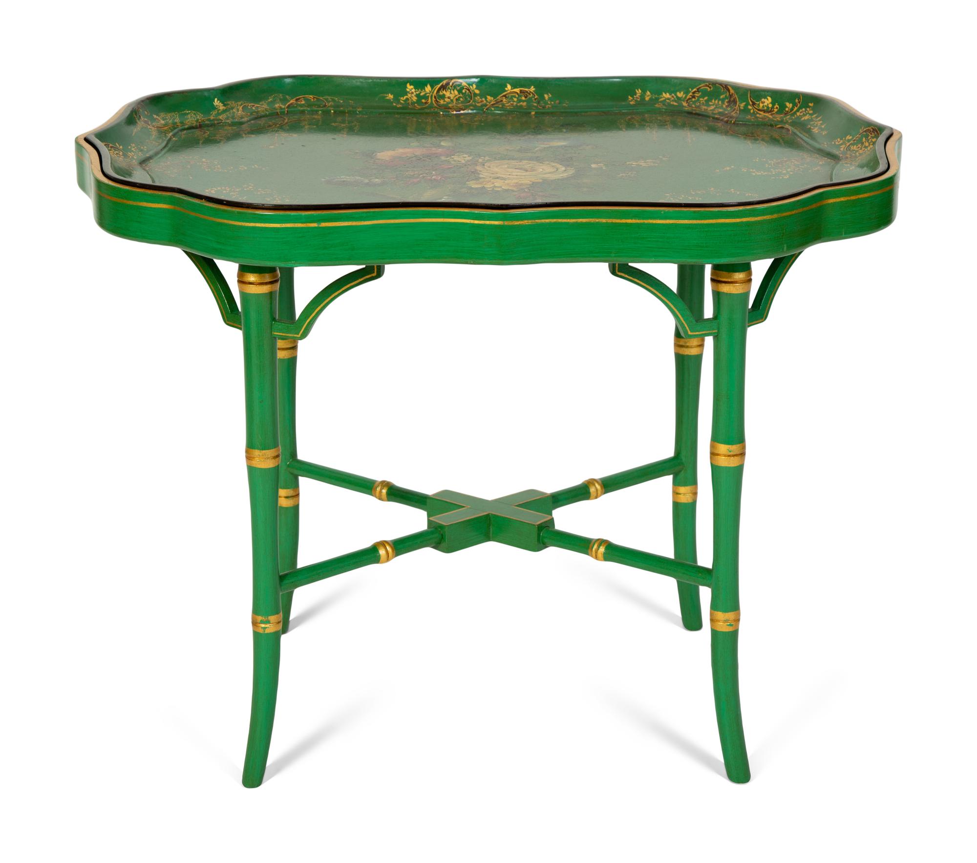 A Regency Green and Gilt Lacquer Papier Mache Tray Table — 19TH CENTURY