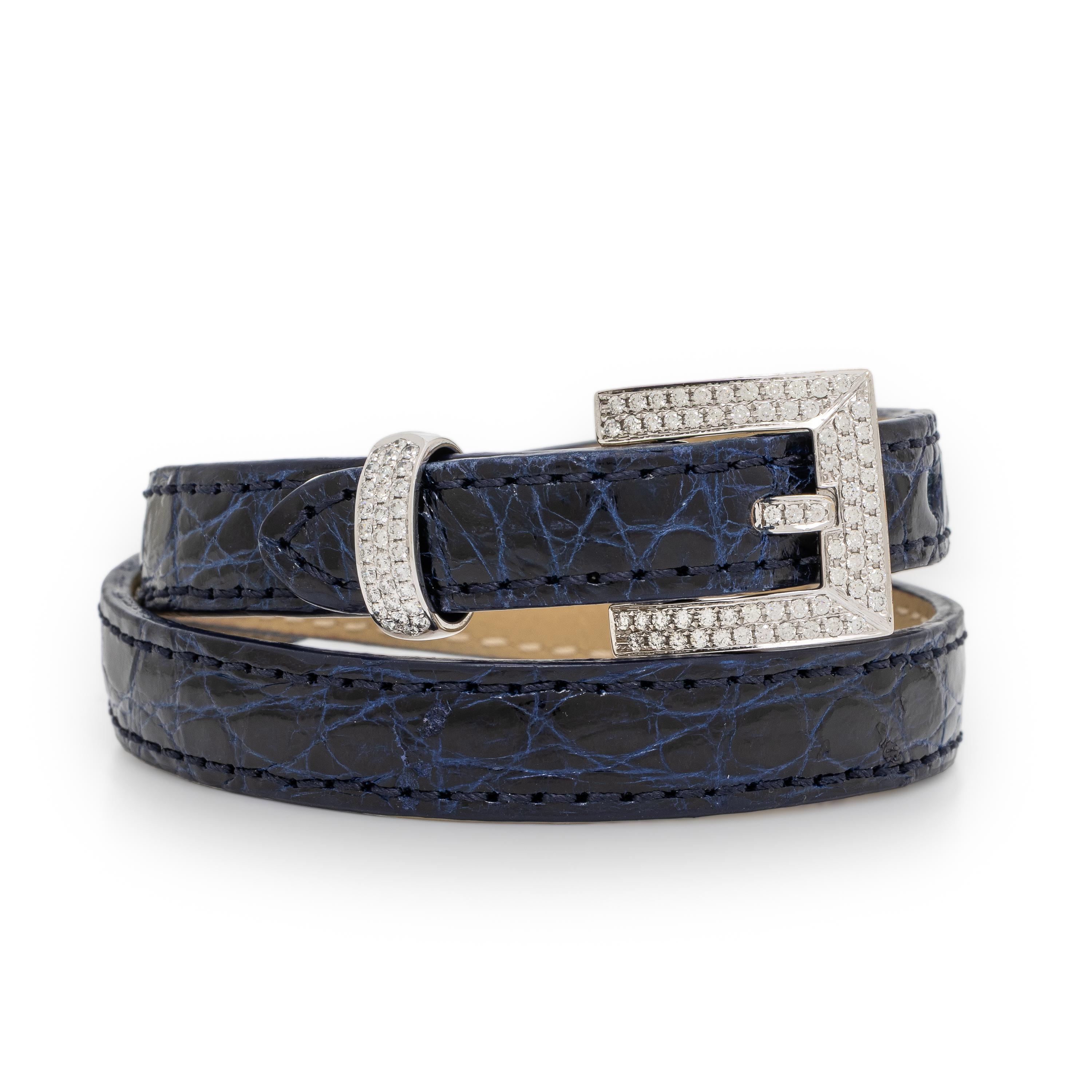 Sillam, Leather, Diamond, and White Gold Double Wrap Buckle Bracelet