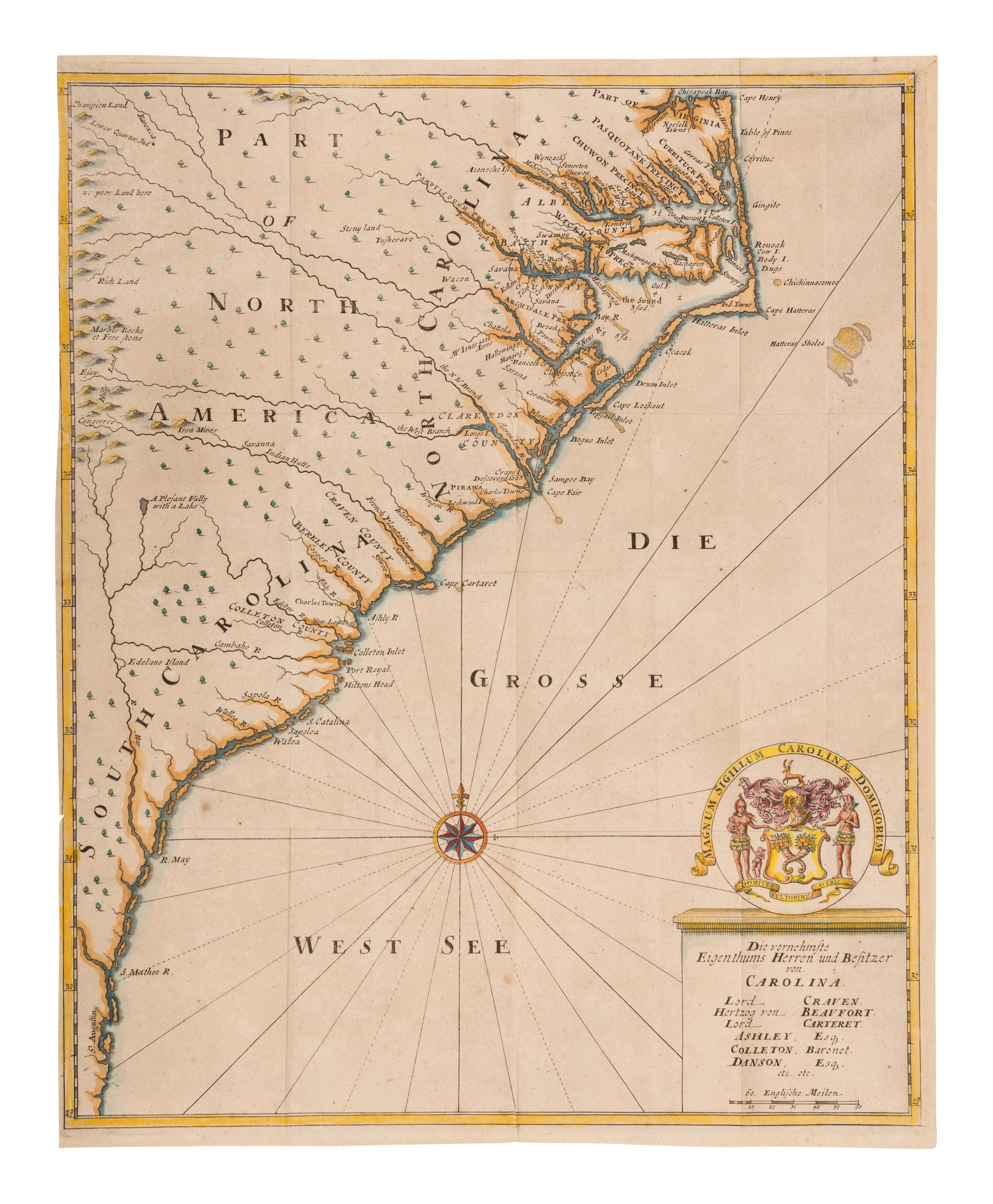 [MAP]. LAWSON, John (1678-1711). -- VISCHER, Ludwig Friedrich (1677-1720). Die Vornehmste Eigenthums Herren und Besitzer von Carolina . Hamburg, 1712.