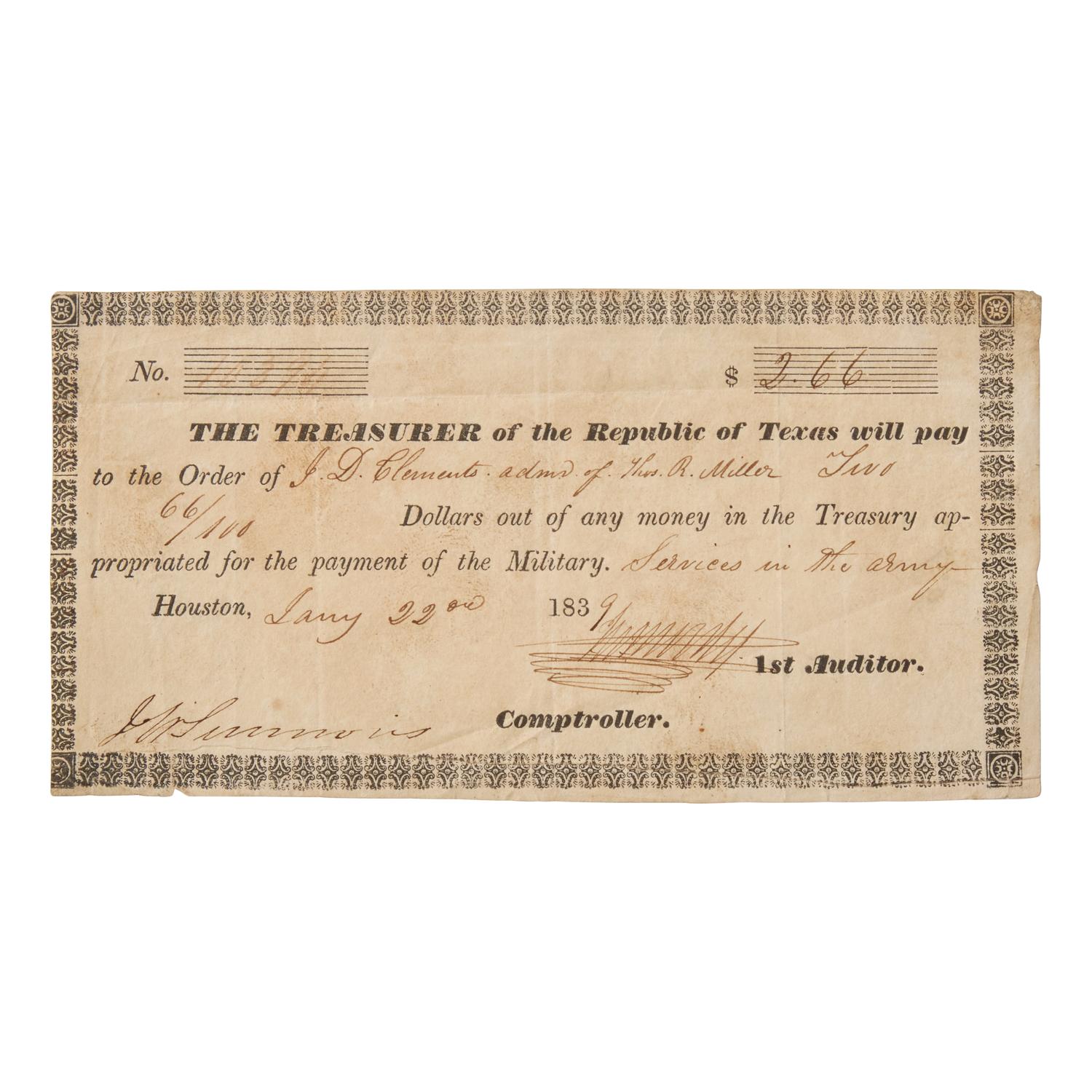 [Texiana] Partially-Printed Republic of Texas Payment Order Issued to one of the "Immortal 32" Gonzales Rangers Killed in Action While Defending the Alamo in 1836