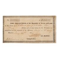 [Texiana] Partially-Printed Republic of Texas Payment Order Issued to one of the "Immortal 32" Gonzales Rangers Killed in Action While Defending the Alamo in 1836