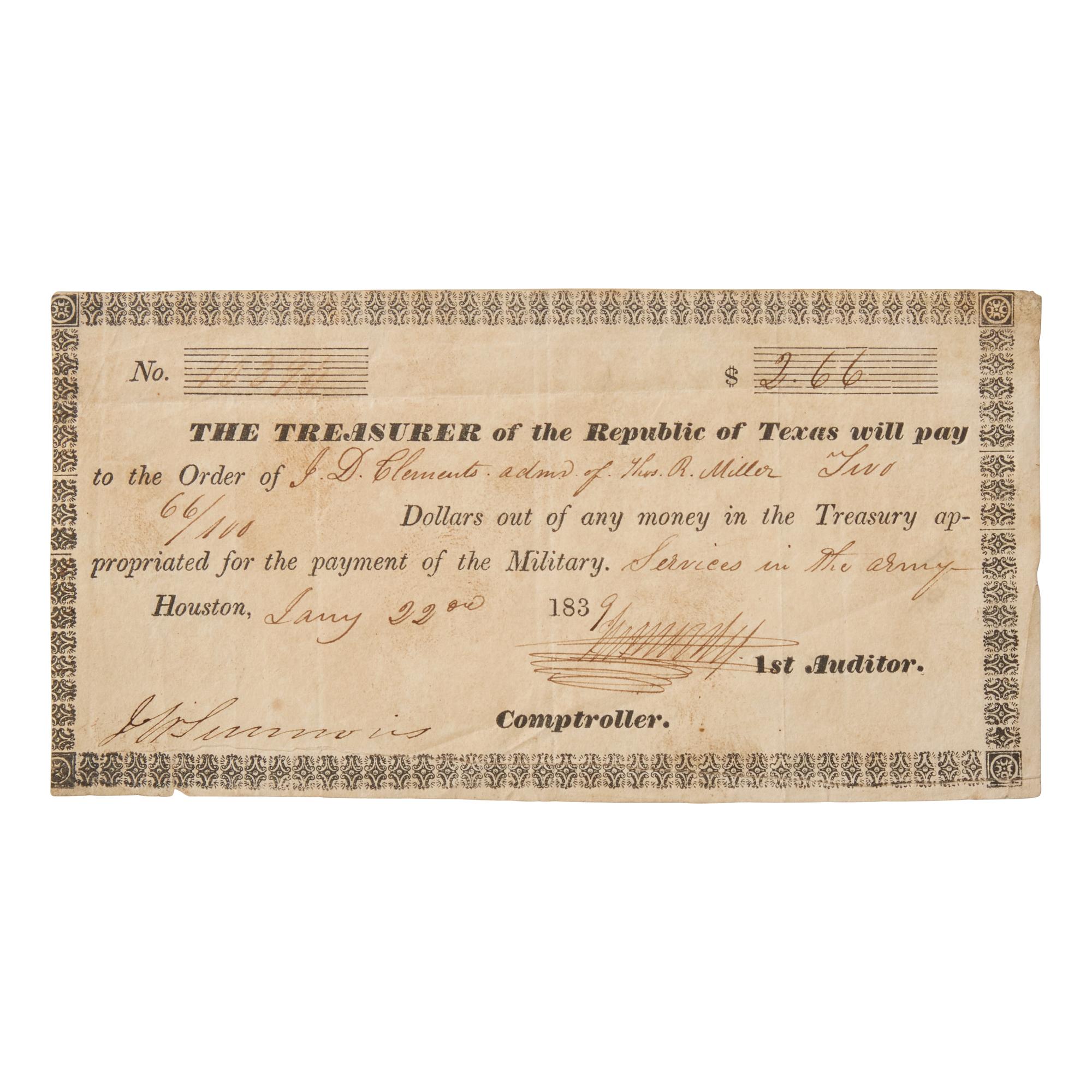 [Texiana] Partially-Printed Republic of Texas Payment Order Issued to one of the "Immortal 32" Gonzales Rangers Killed in Action While Defending the Alamo in 1836