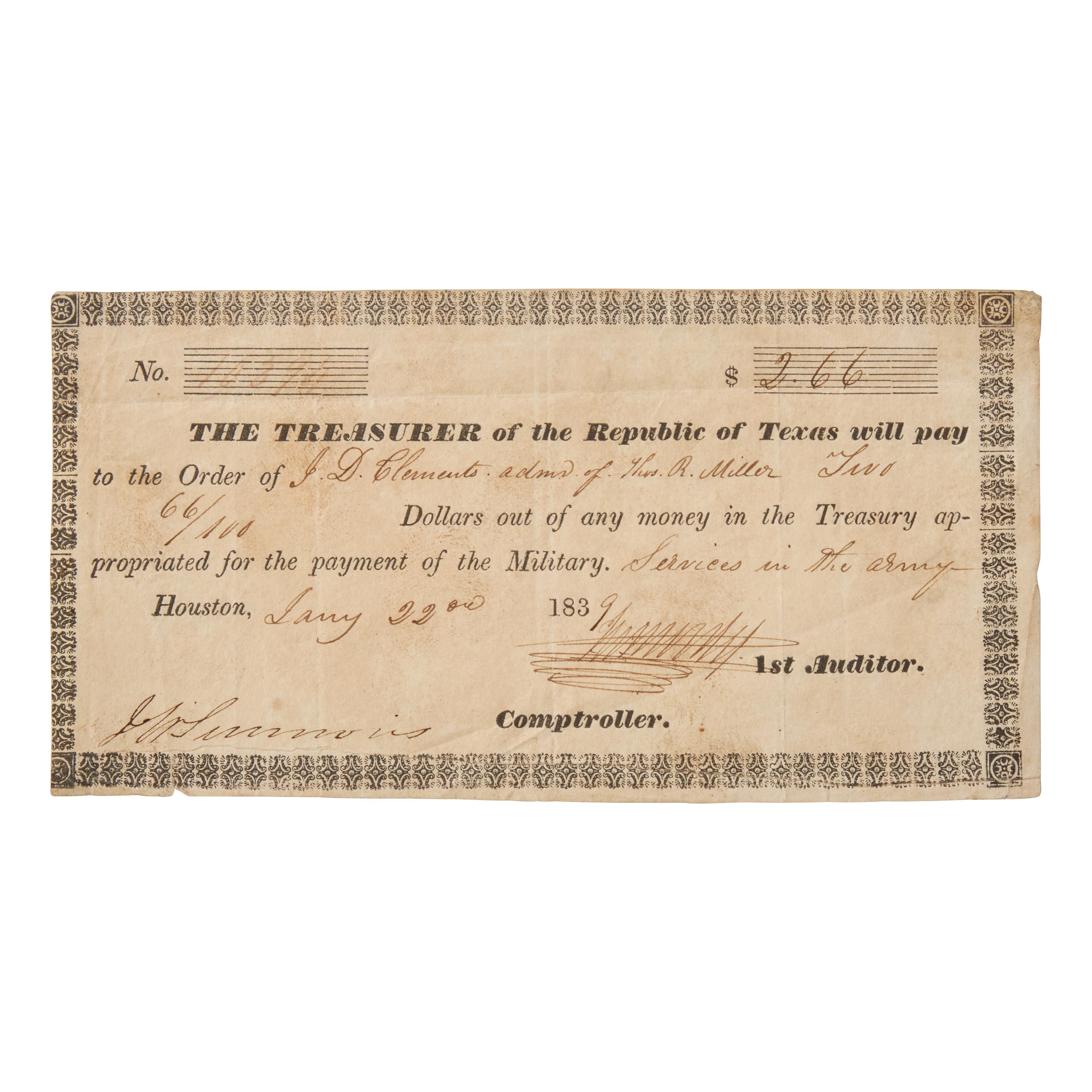 [Texiana] Partially-Printed Republic of Texas Payment Order Issued to one of the "Immortal 32" Gonzales Rangers Killed in Action While Defending the Alamo in 1836