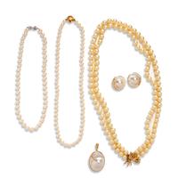 A Collection of 14 Karat Yellow Gold, Cultured Pearl, Mabe Pearl and Faux Pearl Jewelry,