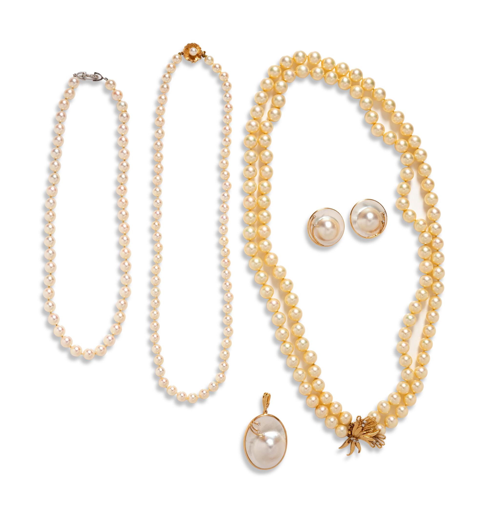 A Collection of 14 Karat Yellow Gold, Cultured Pearl, Mabe Pearl and Faux Pearl Jewelry,