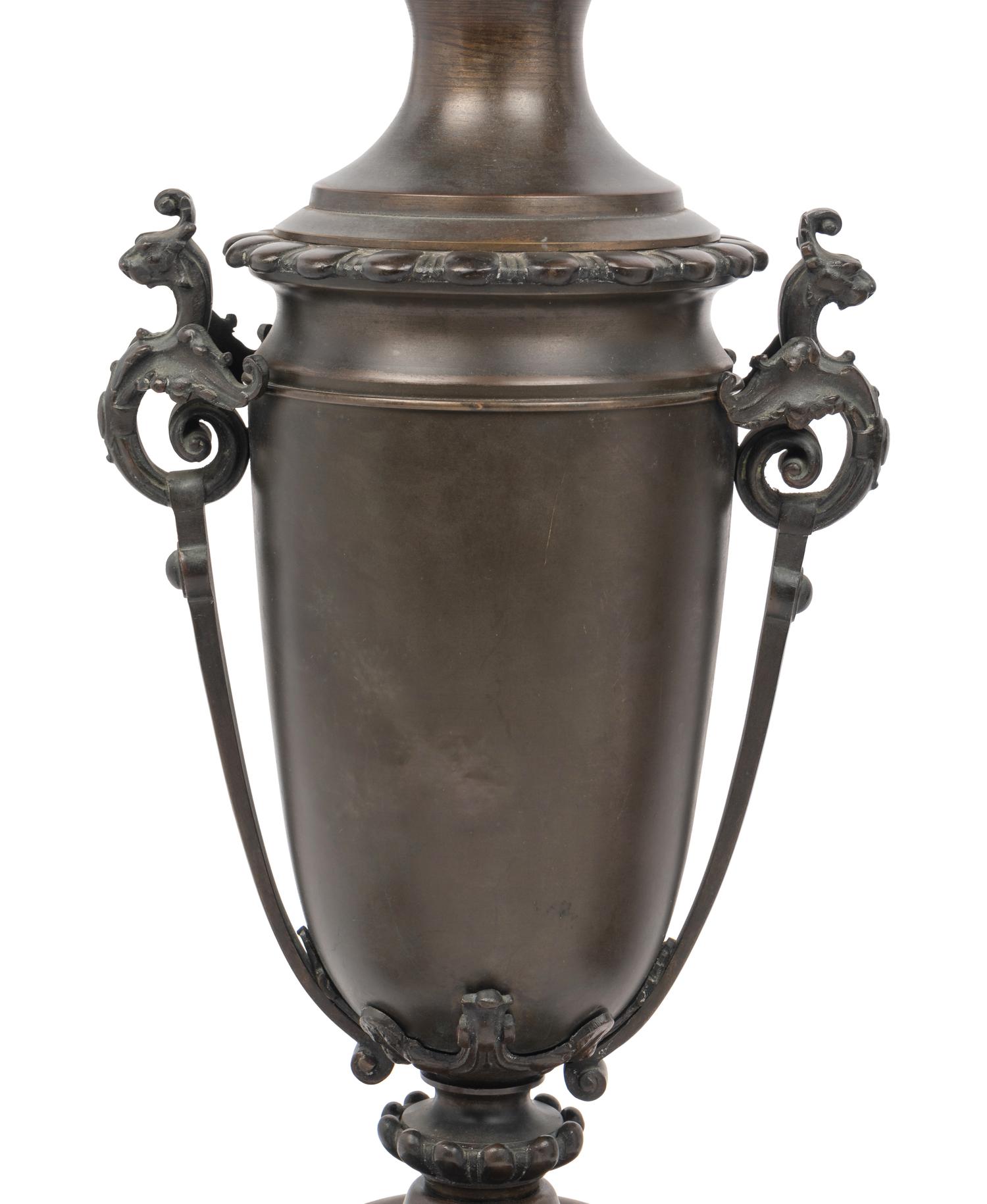 A Pair of French Neoclassical Bronze Fluid Lamps Converted to Electricity