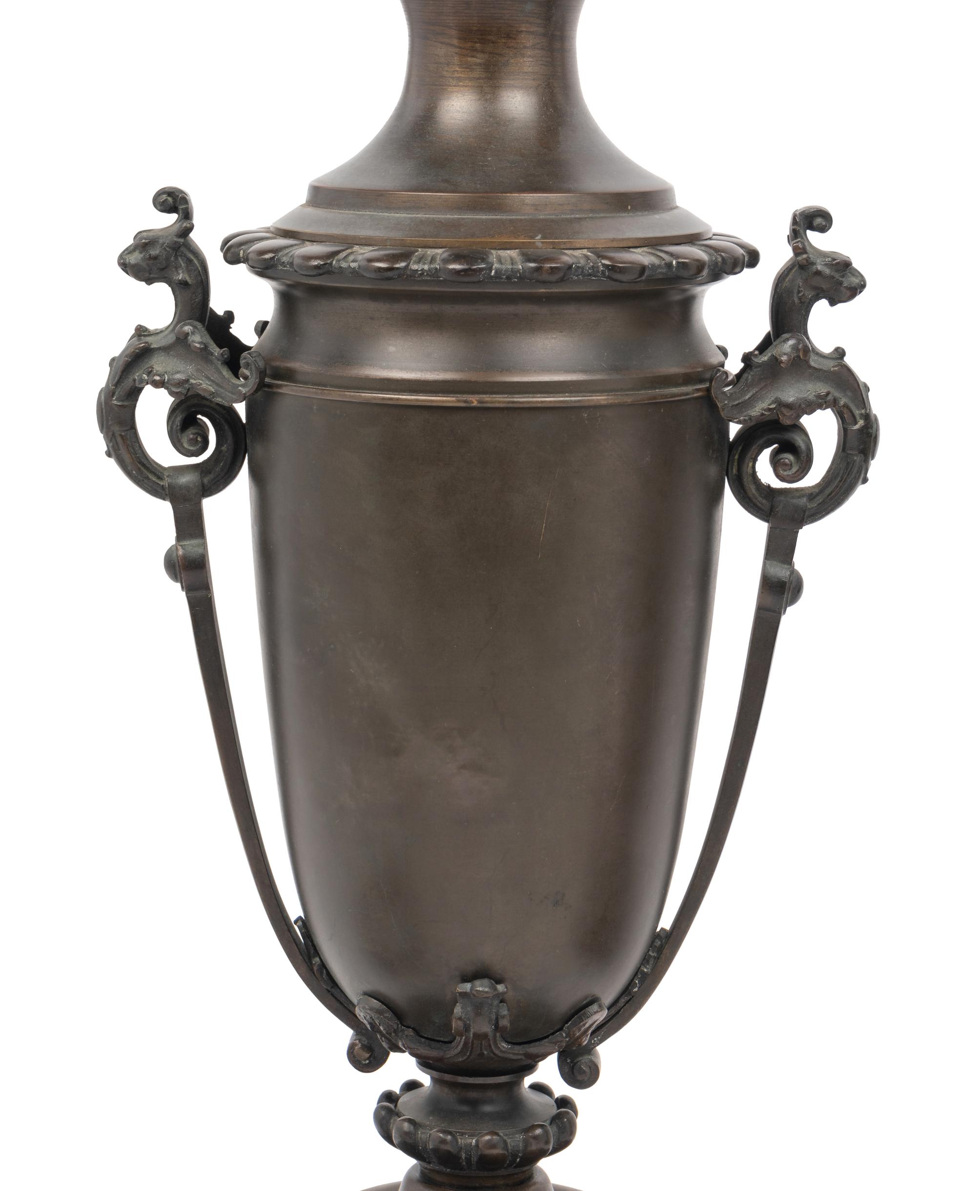 A Pair of French Neoclassical Bronze Fluid Lamps Converted to Electricity