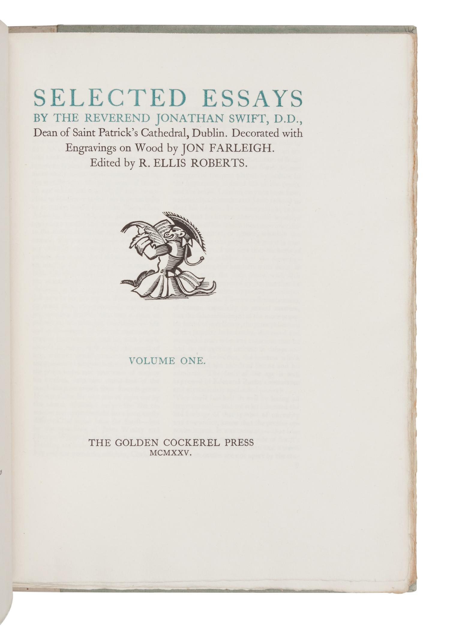 [GOLDEN COCKEREL PRESS]. SWIFT, Jonathan (1667-1745). Selected Essays . Waltham Saint Lawrence, Berkshire: Golden Cockerel Press, 1925.