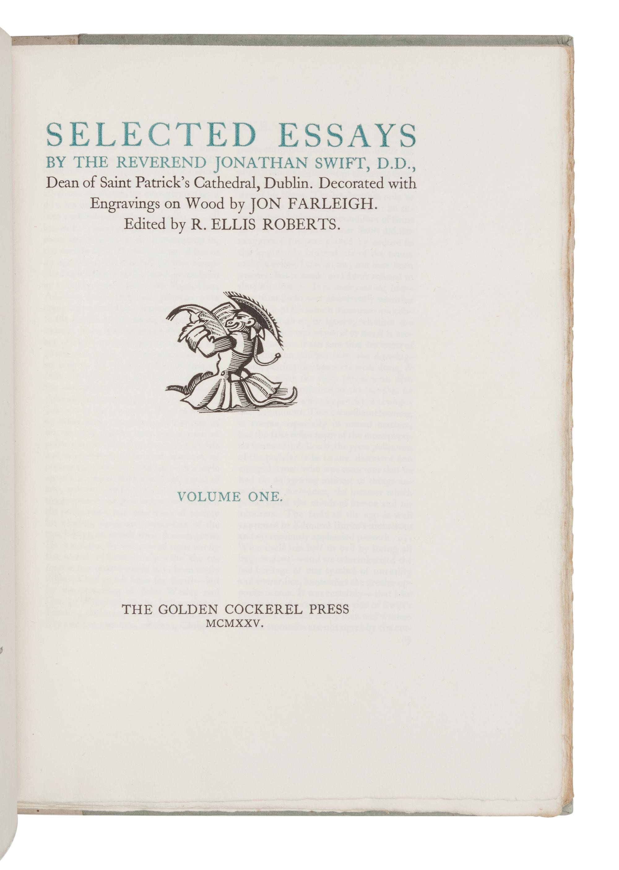 [GOLDEN COCKEREL PRESS]. SWIFT, Jonathan (1667-1745). Selected Essays . Waltham Saint Lawrence, Berkshire: Golden Cockerel Press, 1925.