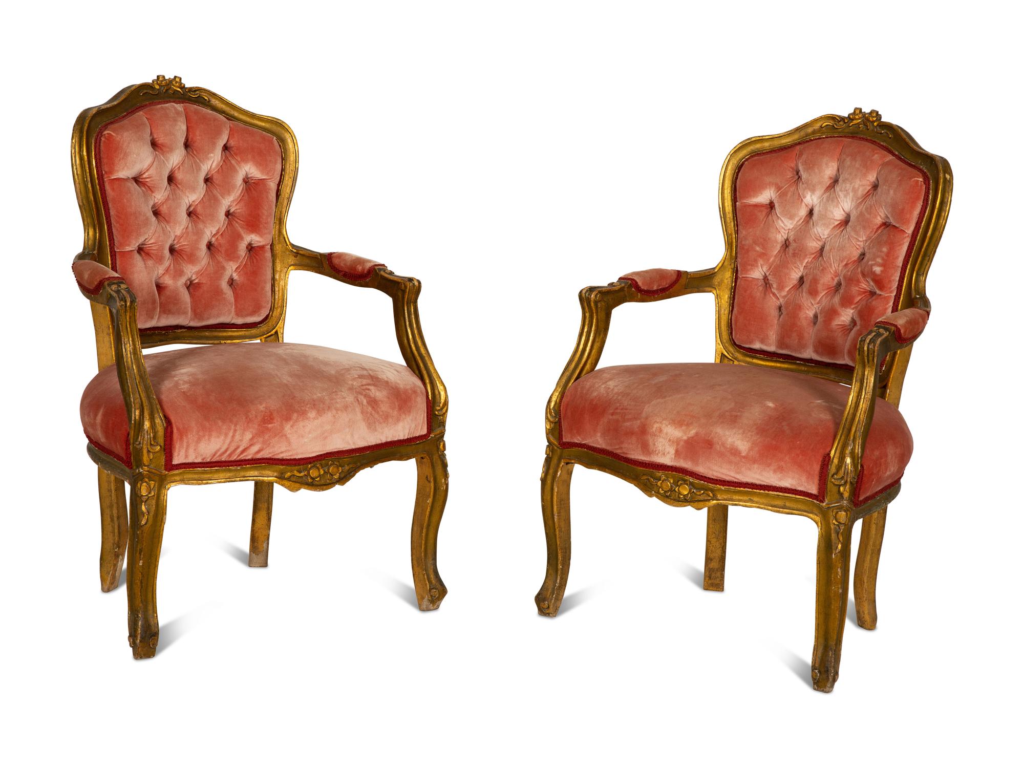 A Pair of Louis XV Style Giltwood Fauteuils — 19th Century
