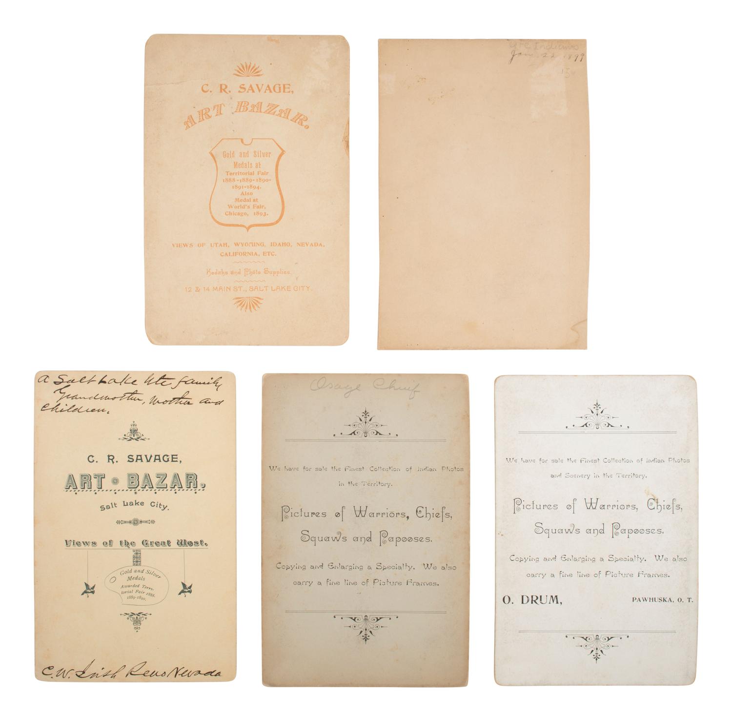 [NATIVE AMERICANS]. 5 cabinet cards of Ute and Osage Indians, incl. examples by Drum and Savage.
