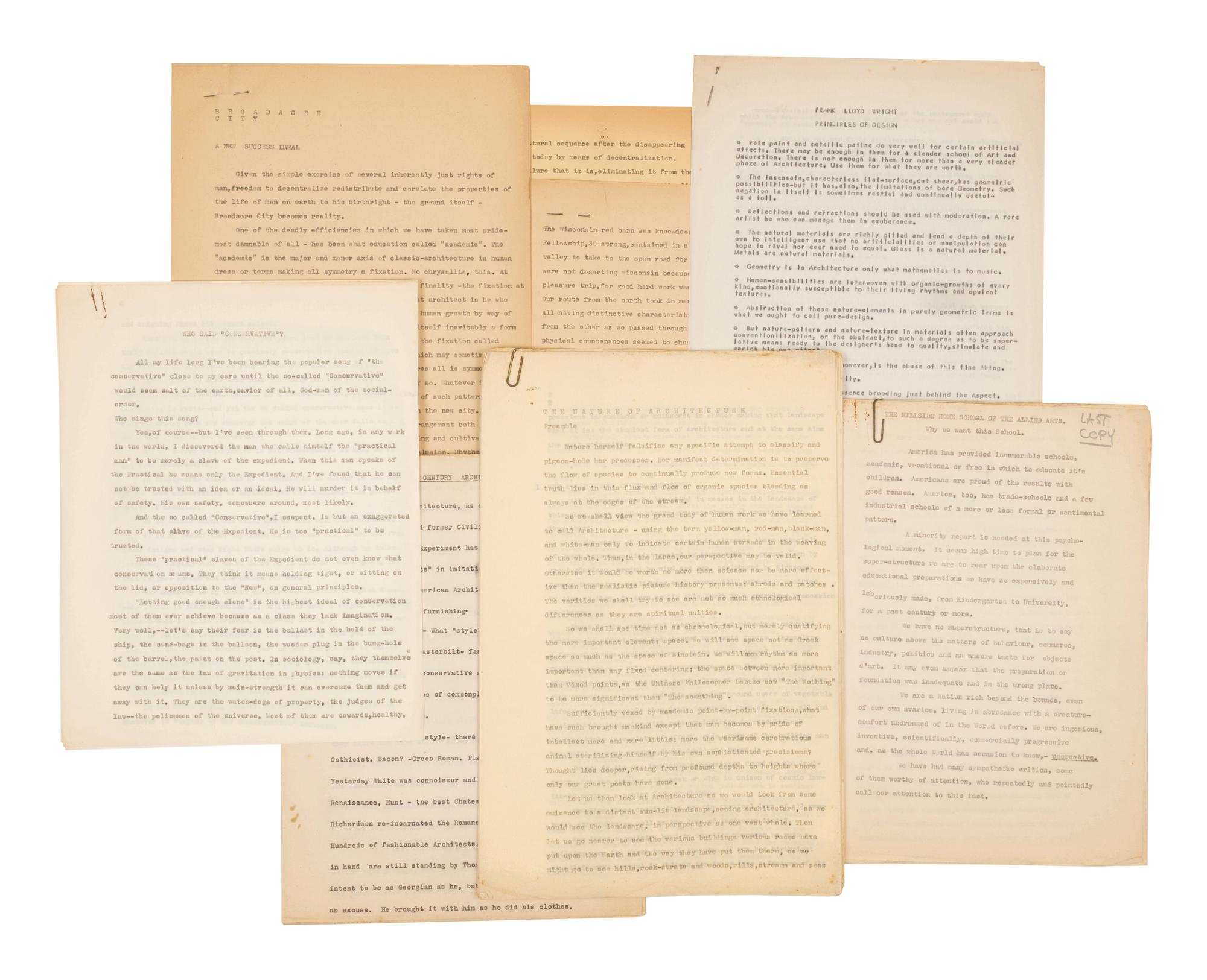[FRANK LLOYD WRIGHT]. A collection of 15 carbon typescripts of lectures and speeches, 1929 or later, comprising: