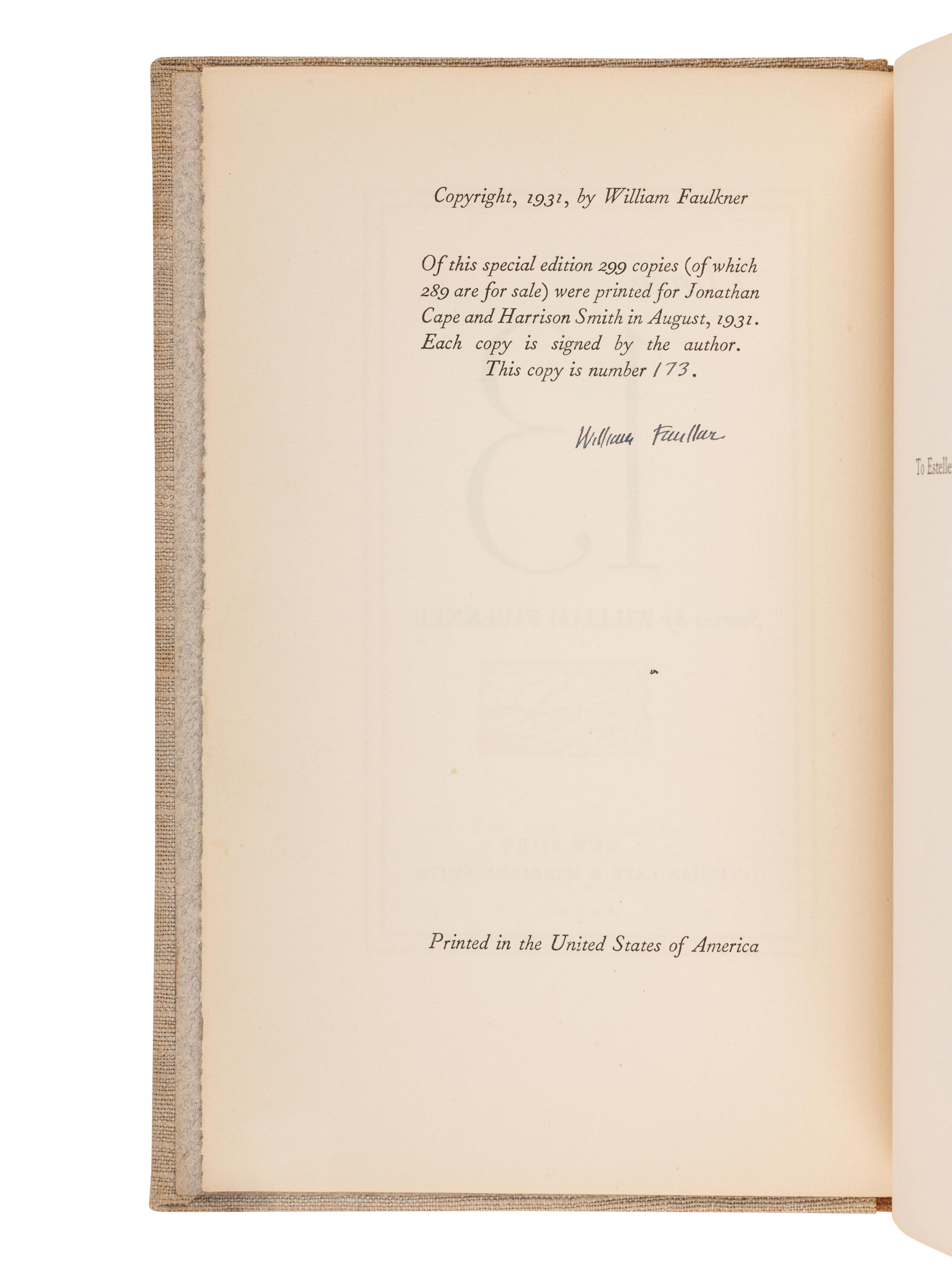 FAULKNER, William (1897-1962). These 13 . New York: Johnathan Cape & Harrison Smith, 1931.