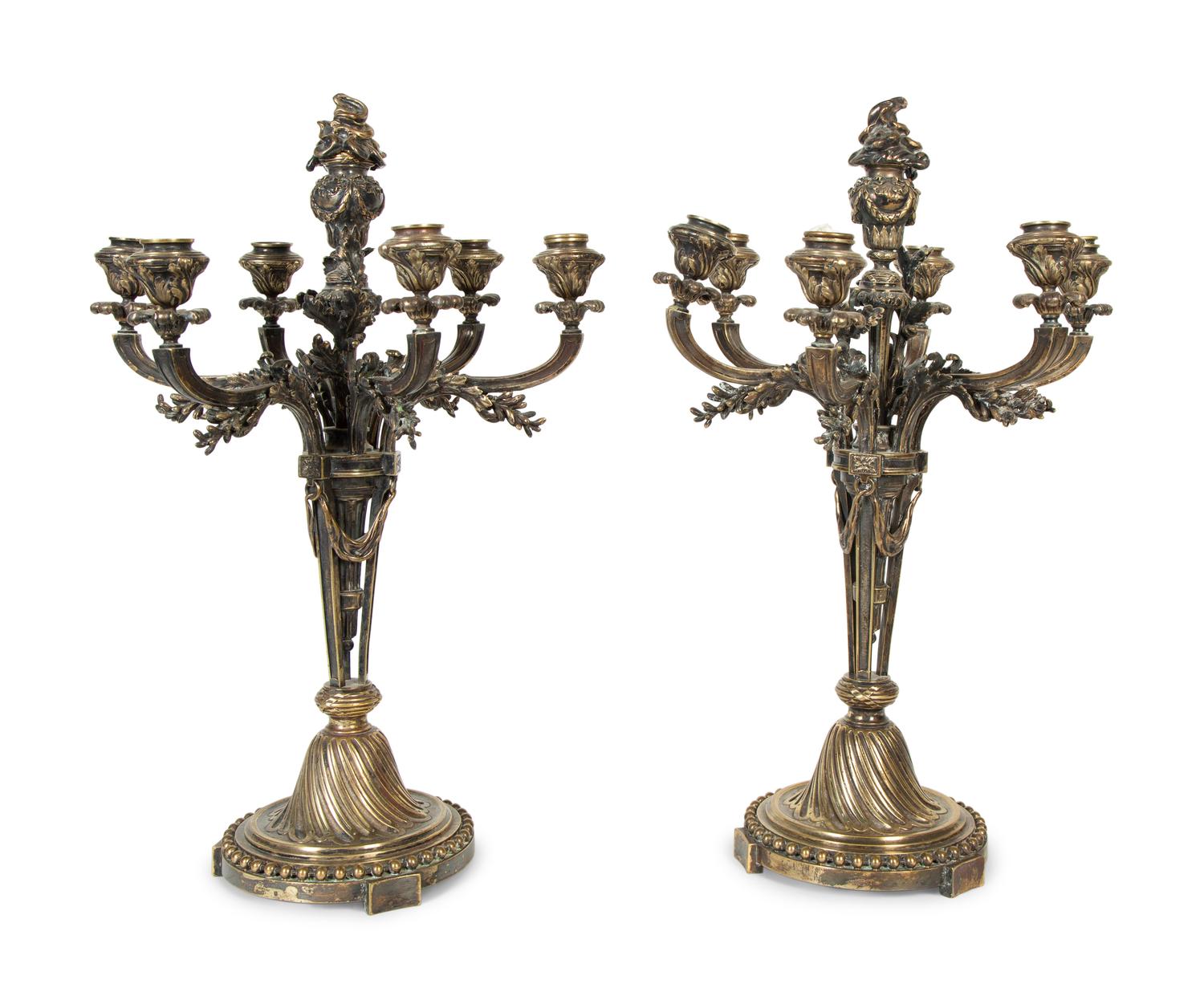 A Pair of French Silvered Bronze Six-Light Candelabra