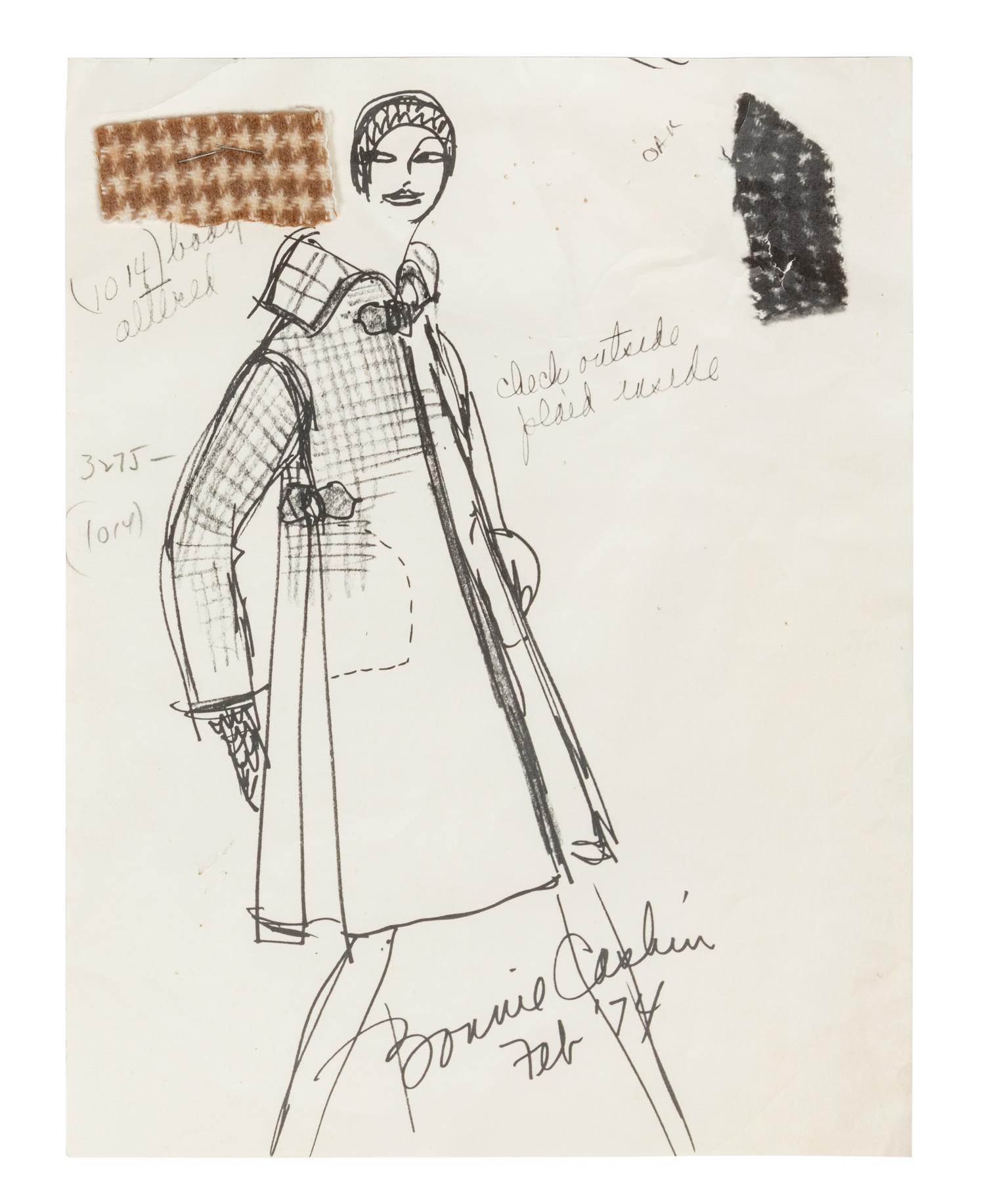 Two Bonnie Cashin Coats, Skirt, Two Patterns, Two Sketches, and One Photograph, 1970s