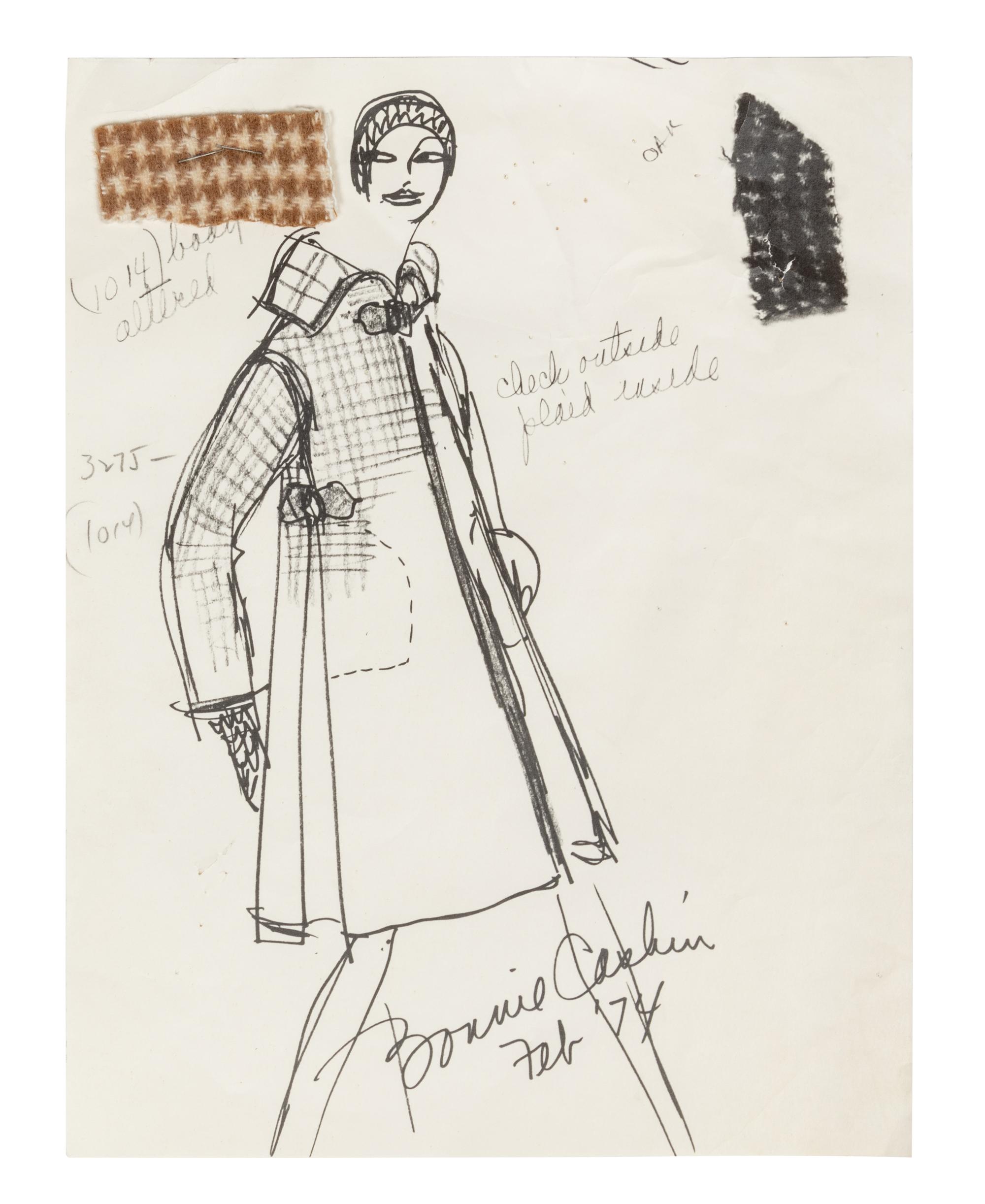Two Bonnie Cashin Coats, Skirt, Two Patterns, Two Sketches, and One Photograph, 1970s