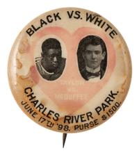 [AFRICAN AMERICANA - SPORTS]. Black Vs. White / Taylor Vs. McDuffee. Newark, NJ: Whitehead & Hoag Co., 1898. Pinback promoting a bicycle race in Cambridge, MA, between Major Taylor and Eddie McDuffee.