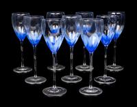 Nine Blue and Clear Glass Wine Stems