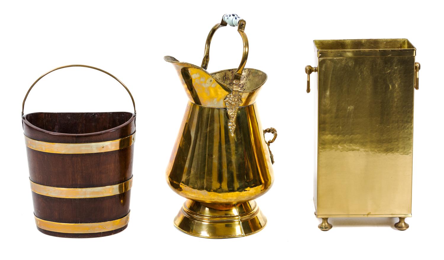 A Group of Three Brass and Wood Containers Height of largest 25 x diameter 13 inches. — 20TH CENTURY