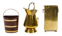 A Group of Three Brass and Wood Containers Height of largest 25 x diameter 13 inches. — 20TH CENTURY